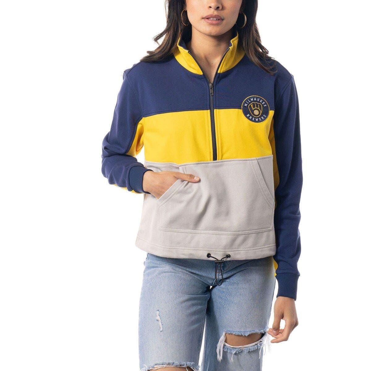 Milwaukee Brewers Starter Women's Baseline Raglan Pullover Sweatshirt -  Navy/Gold