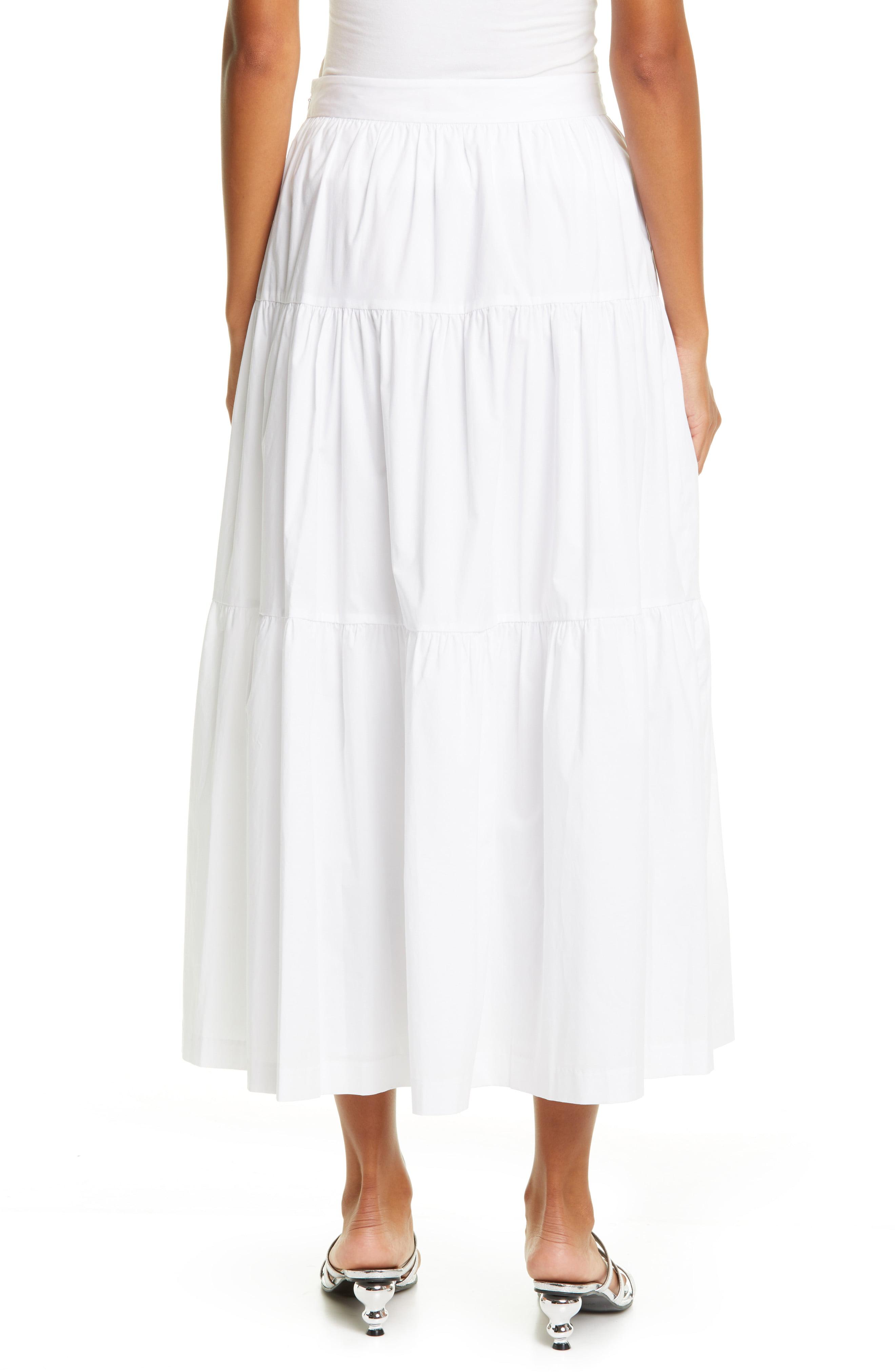 STAUD Tiered Stretch Cotton Maxi Skirt in White - Lyst
