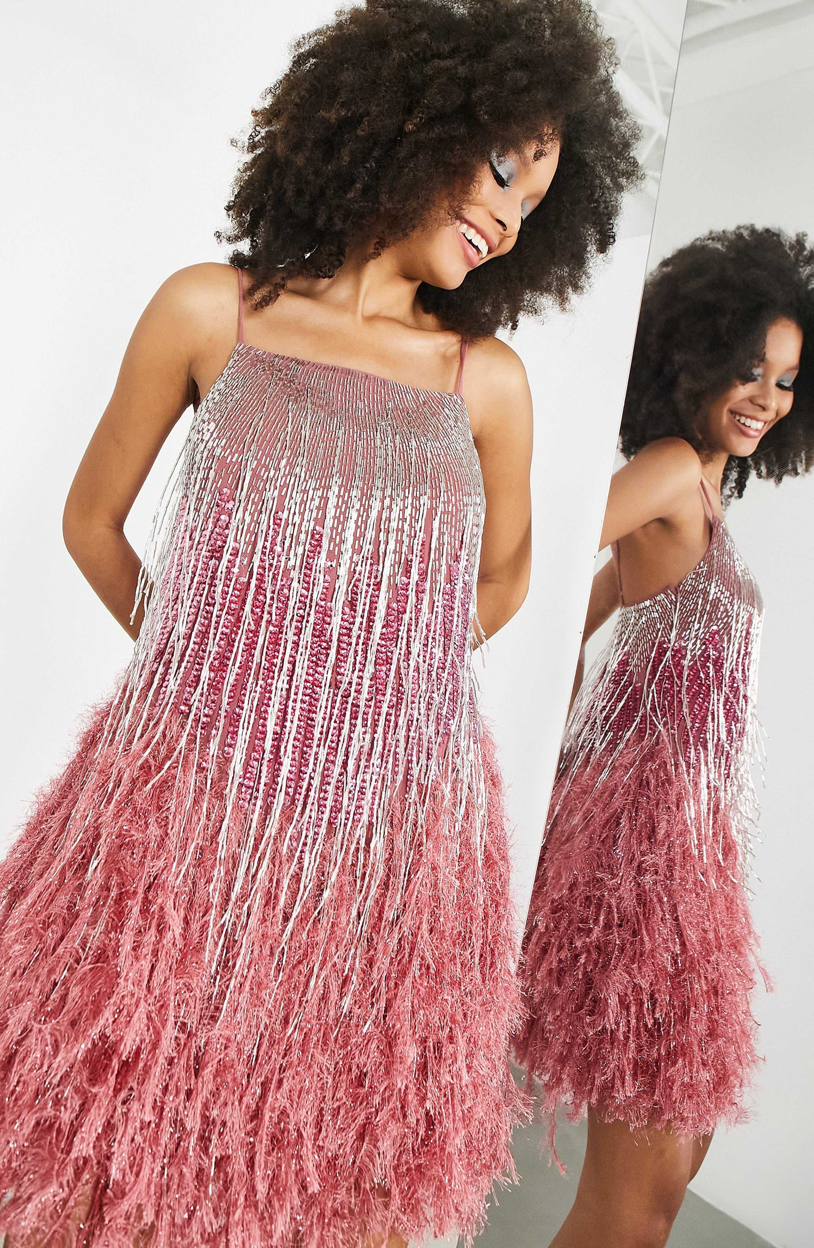 ASOS Beaded Fringe Cami Mini Dress With Faux Feather Hem in Pink