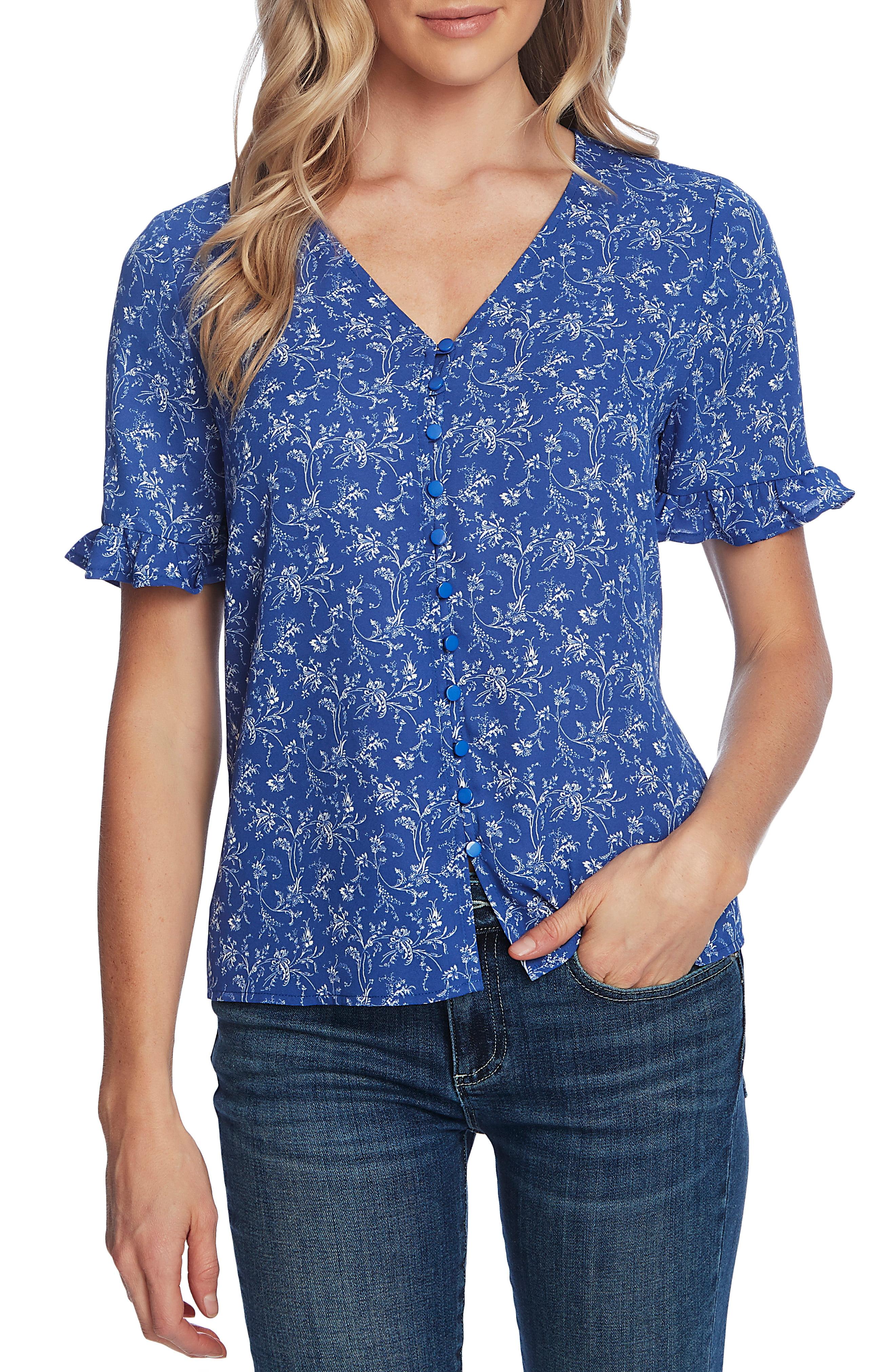Cece Toile Vines Ruffle Sleeve Blouse in Blue - Lyst