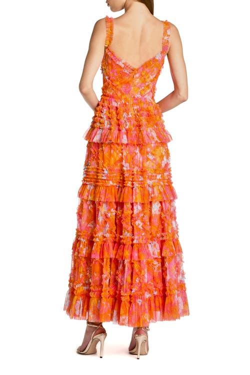open lace back dress Mac Duggal Ruffle Tiered Floral Cut-Out Chiffon Gown - Pink Multi main image 1
