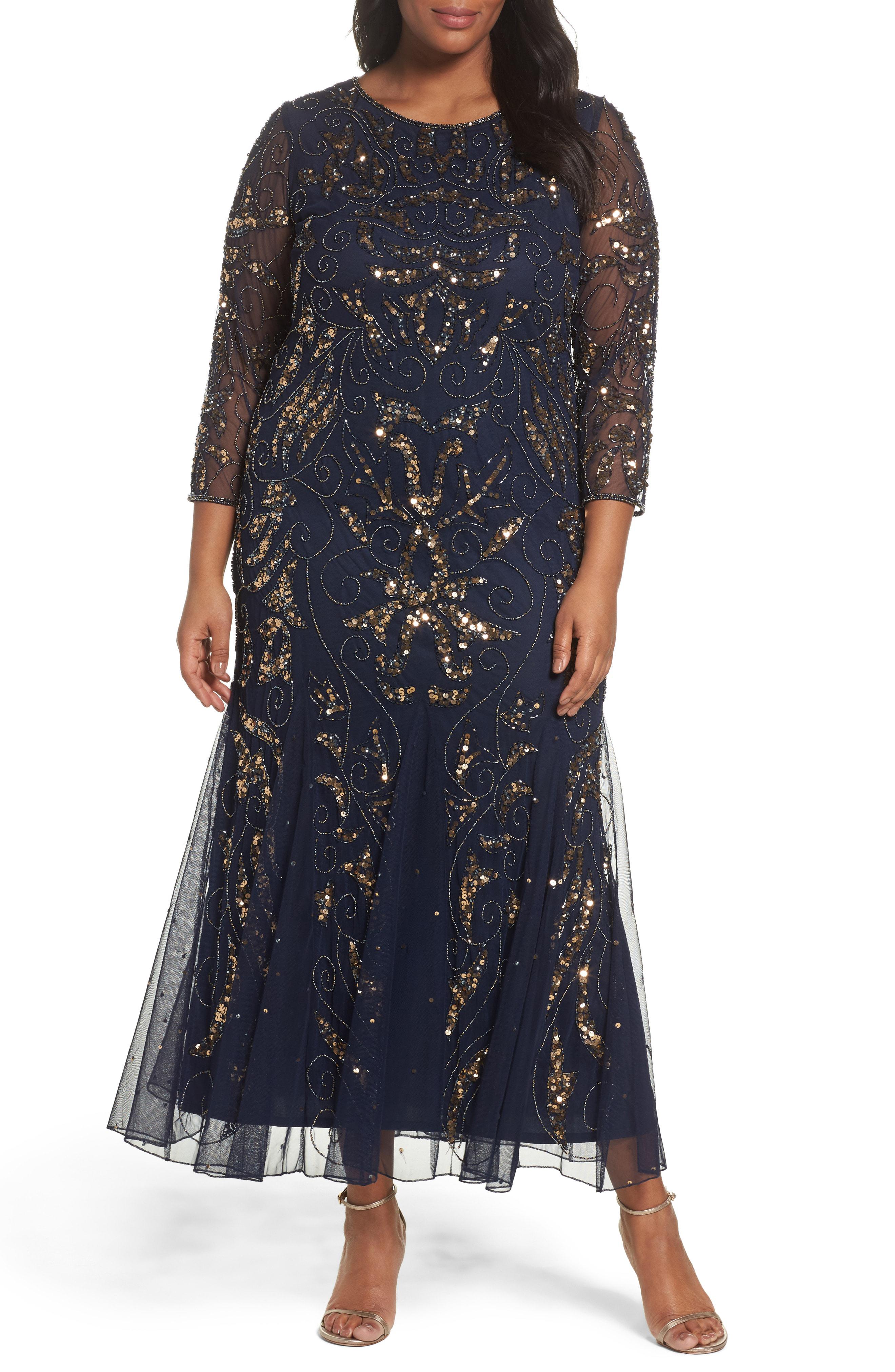 pisarro nights cap sleeve beaded gown