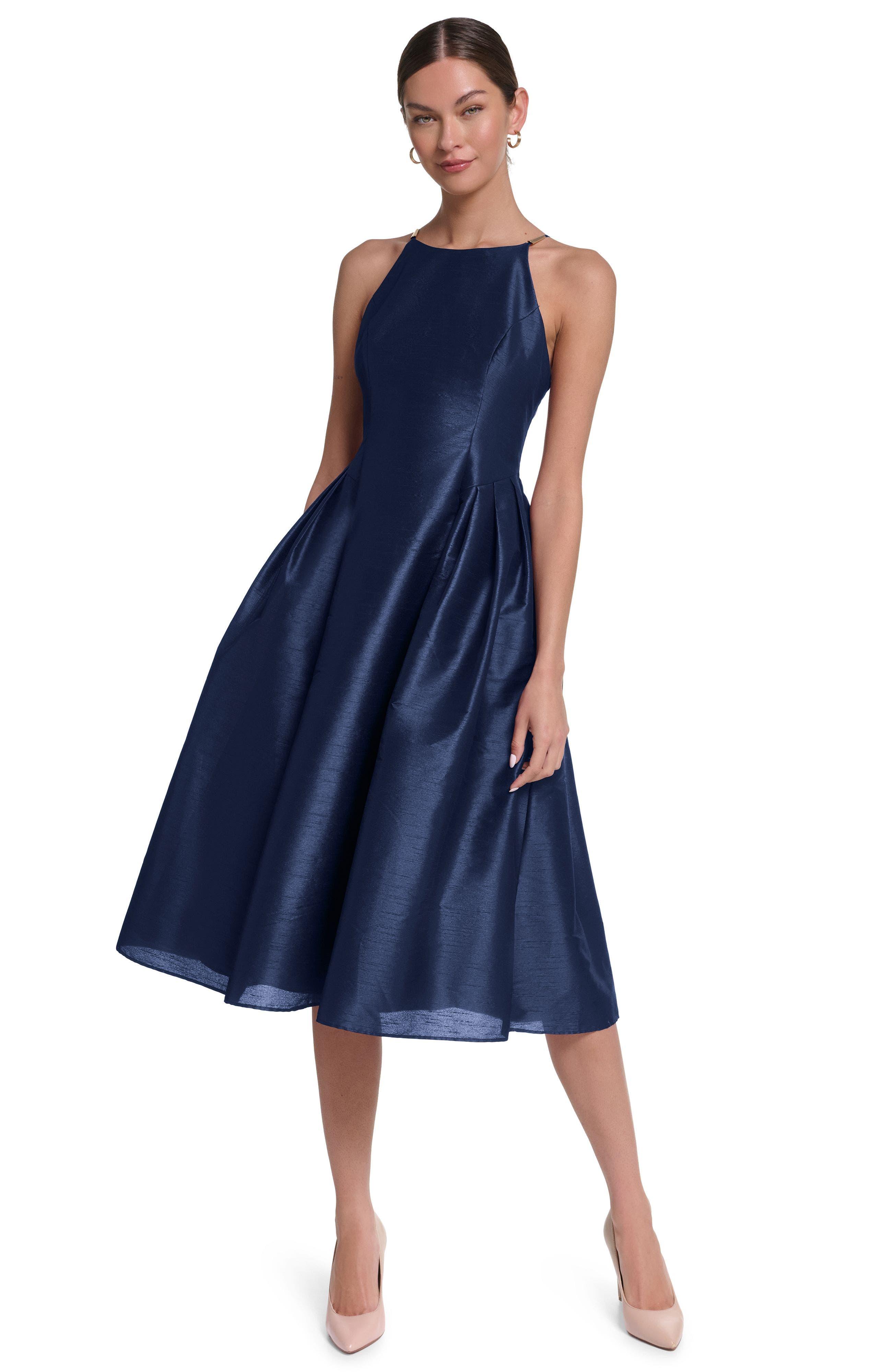 Halston Spaghetti Strap Fit & Flare Midi Dress in Blue