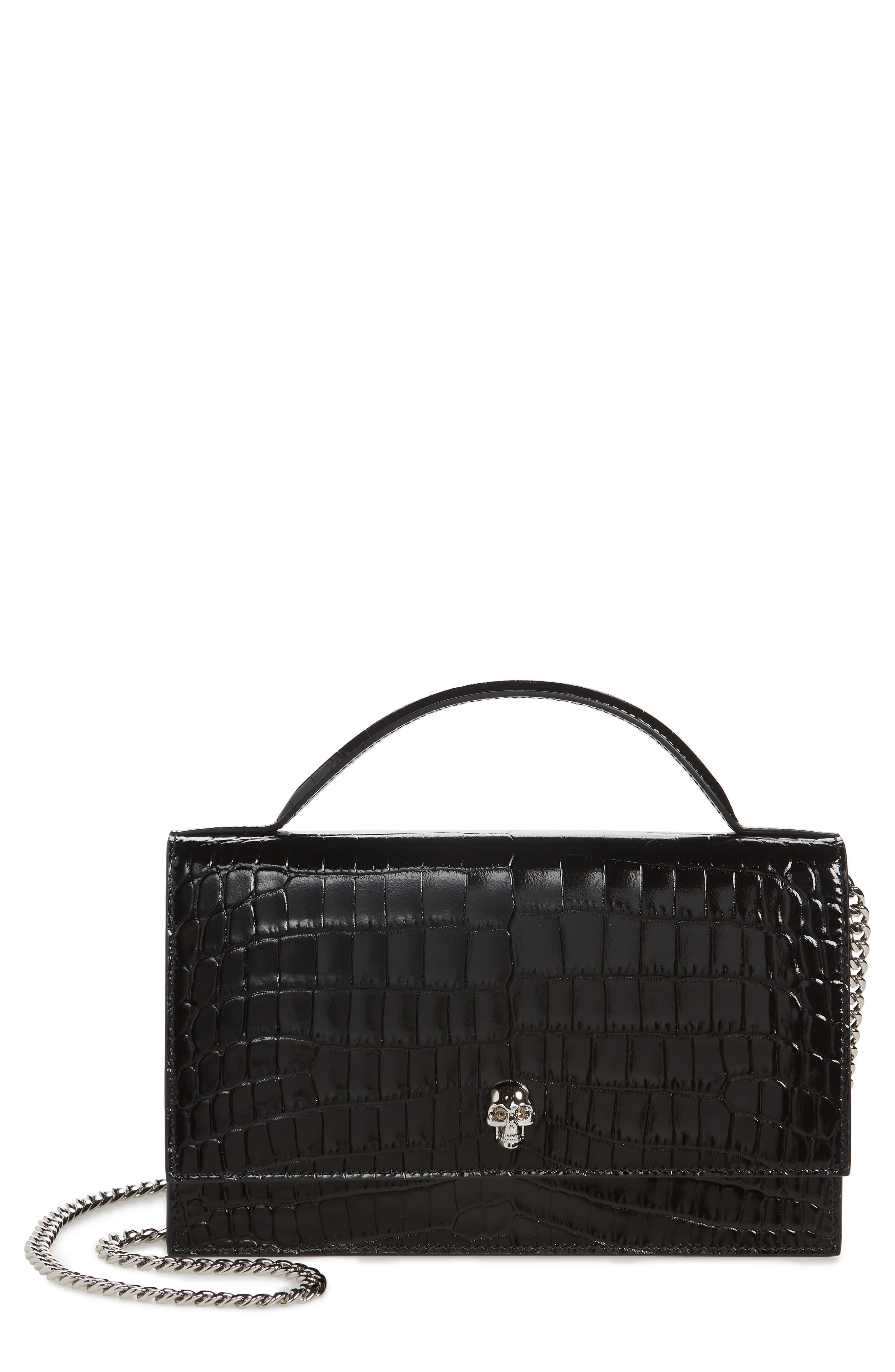 Alexander McQueen Medium Skull Croc Embossed Leather Top Handle Bag in