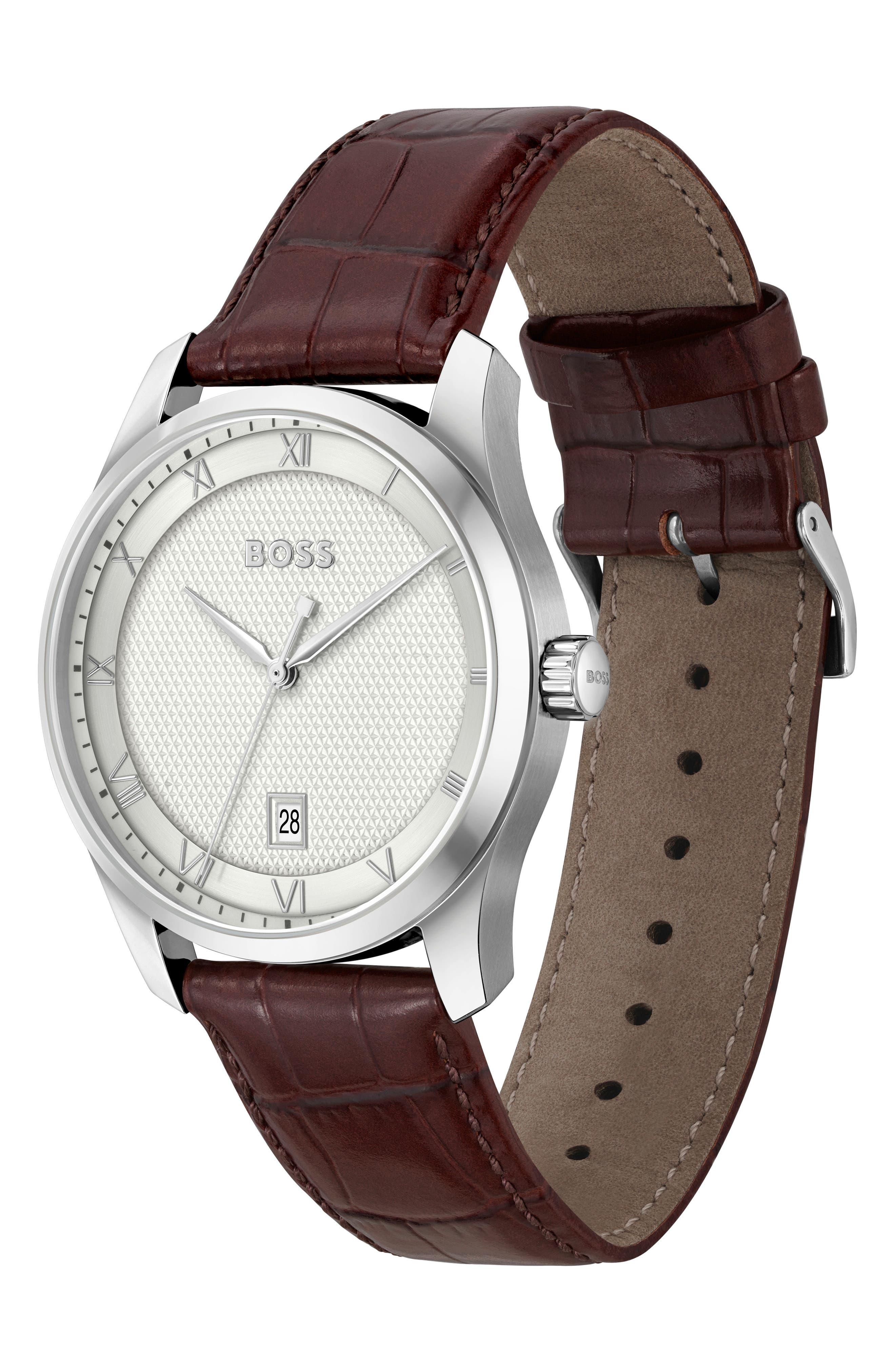 BOSS by HUGO BOSS Principle Leather Strap Watch in Gray for Men | Lyst