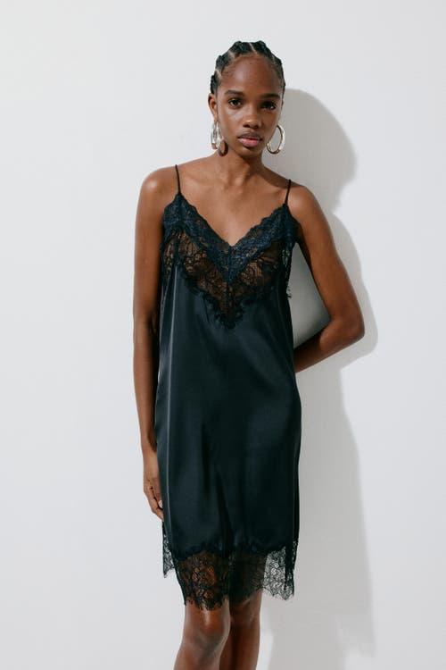 h&m lace dress black H&M Lace-Trimmed Satin Dress in Black