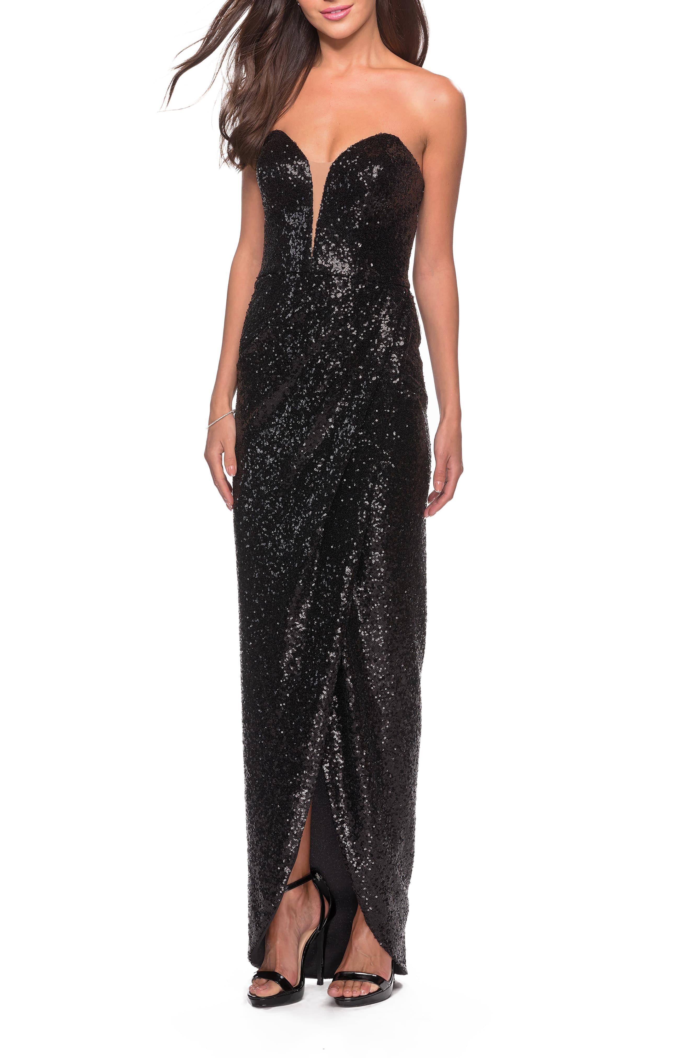 La Femme Sequin Strapless Ruched Gown in Black - Lyst