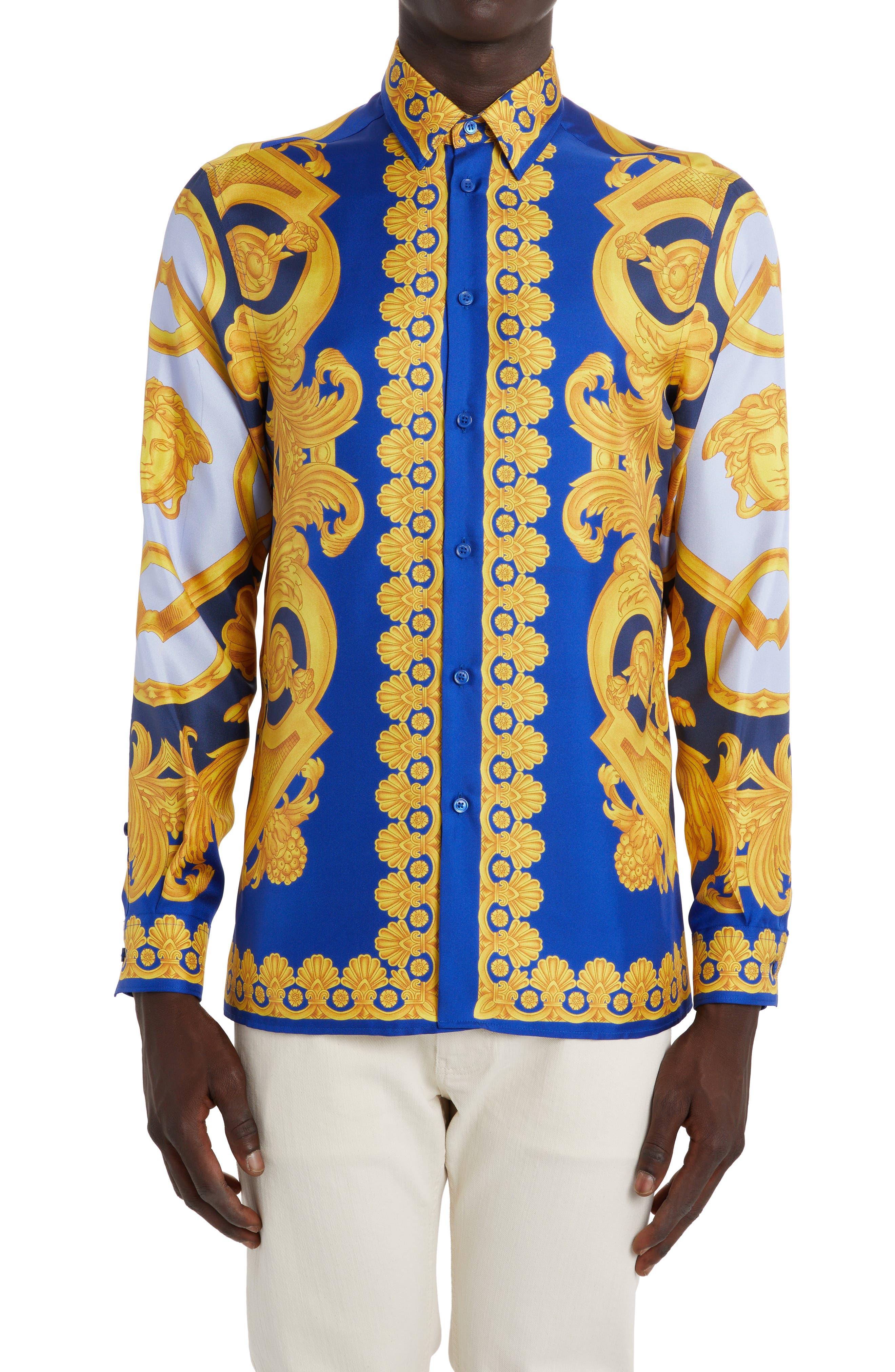 Versace Golfo Print Silk Button-up Shirt in Blue for Men | Lyst