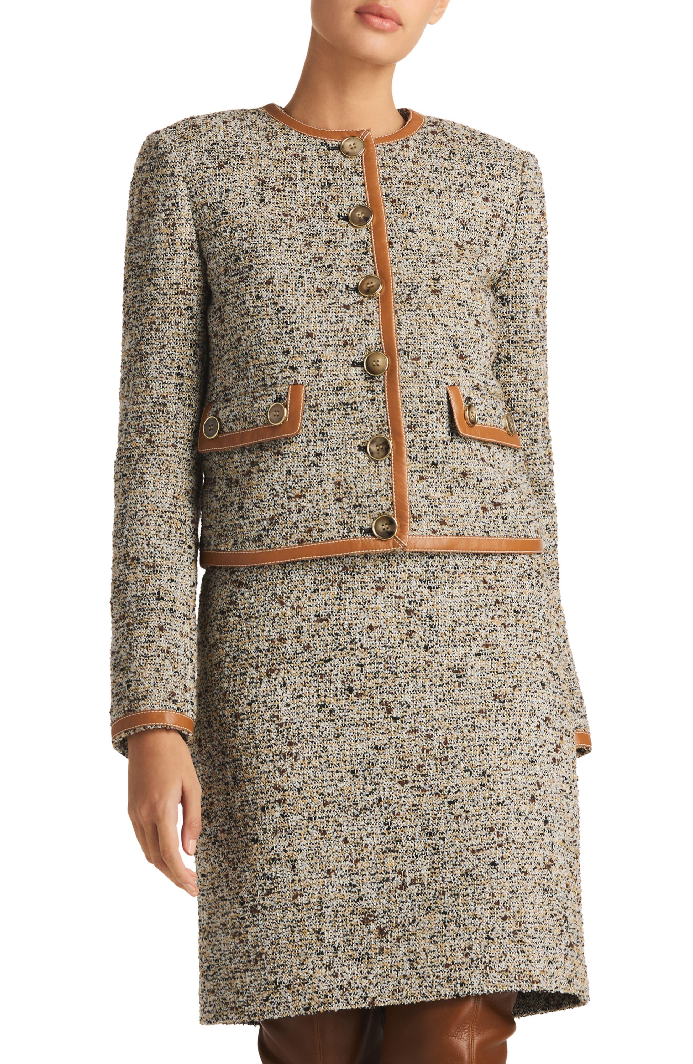 St. John Crop Leather Trim Bouclé Tweed Jacket | Lyst