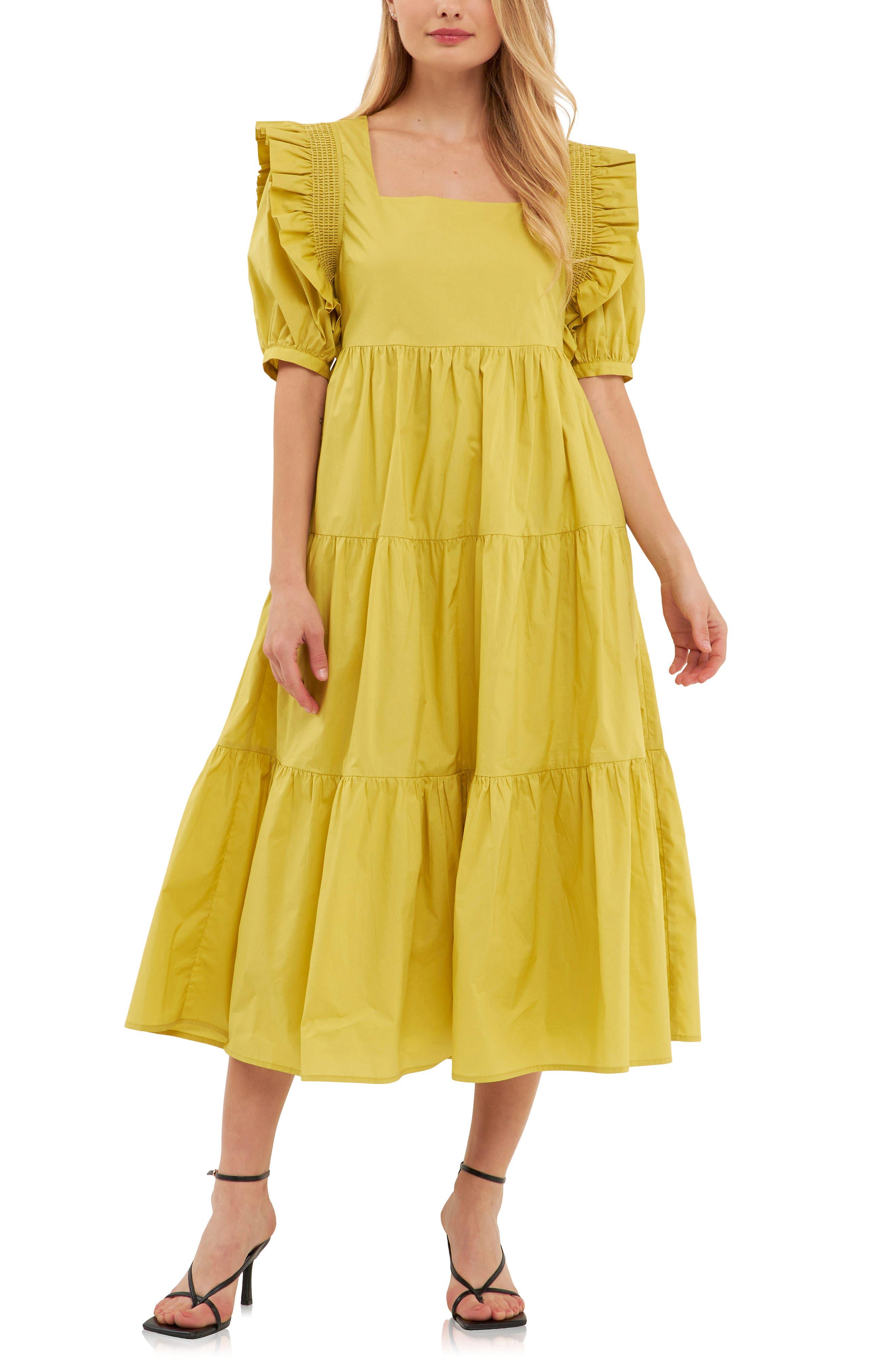 English Factory Ruffle Puff Sleeve Tiered Midi Dress in Yellow Lyst