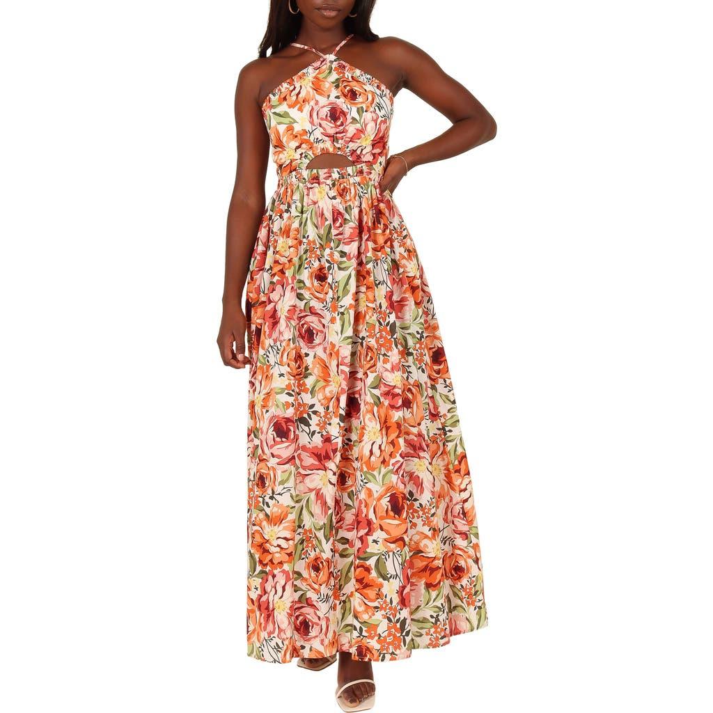 open lace back dress Pink and Orange Strapless Floral Sequin Midi Dress