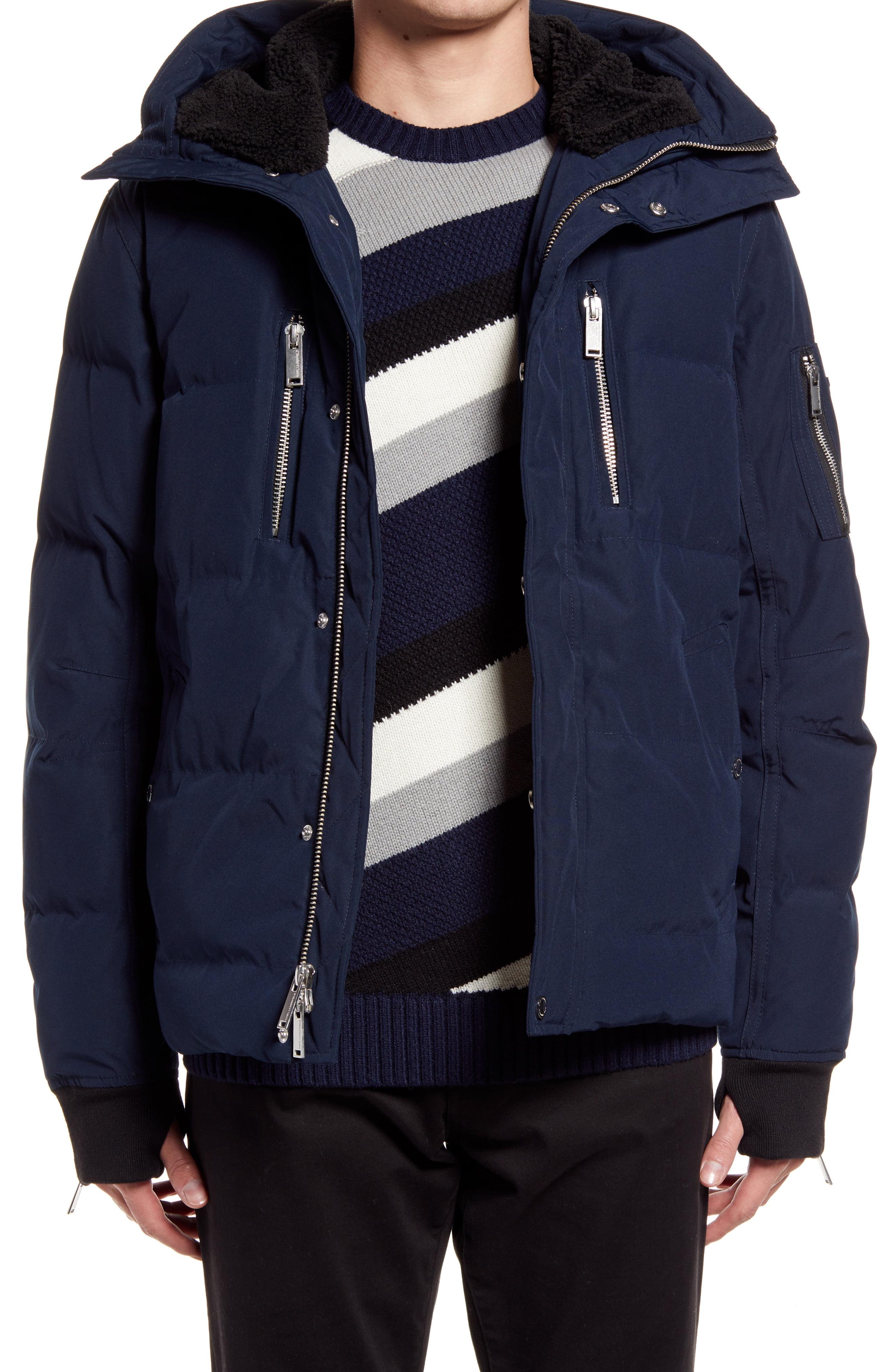 Karl Lagerfeld Fleece Mid Length Down & Feather Jacket With Faux Shearling Lining in Navy (Blue