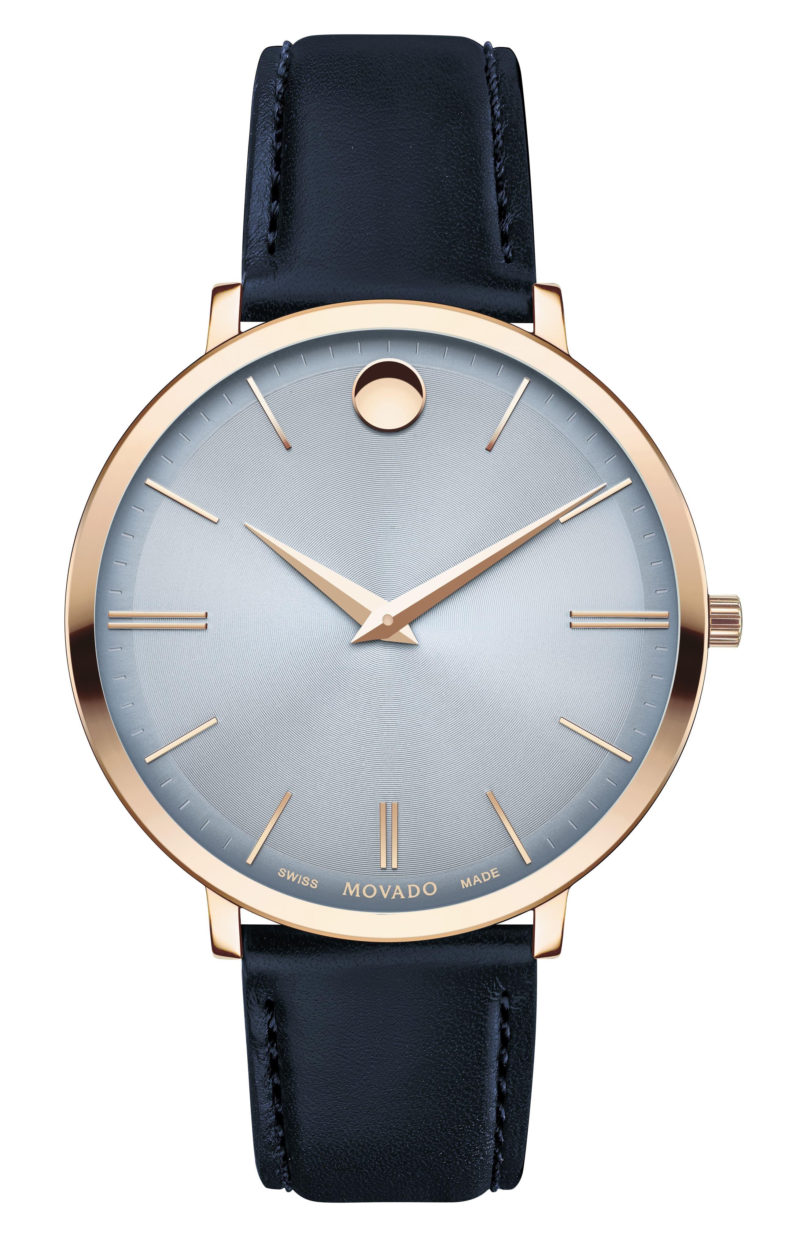 Movado Ultra Slim Leather Strap Watch in Blue Lyst