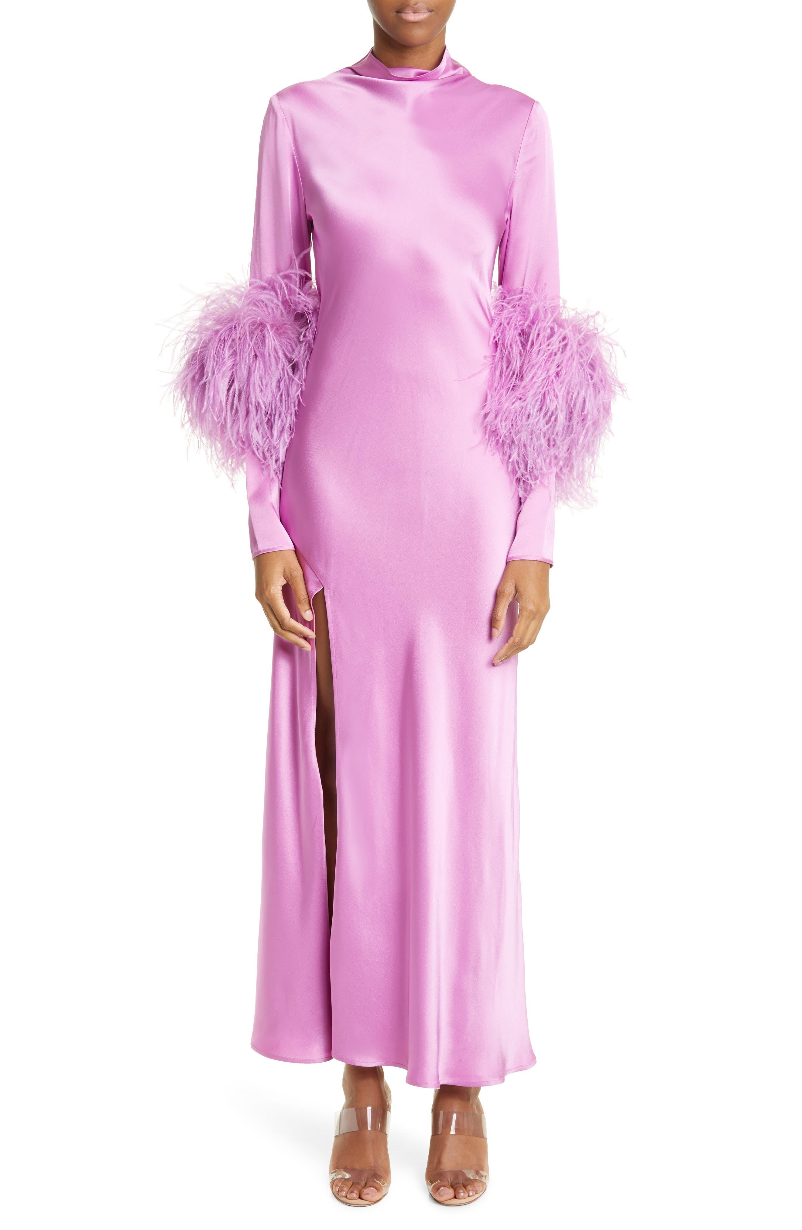 LAPOINTE Ostrich Feather Trim Long Sleeve Double Face Satin Maxi Dress