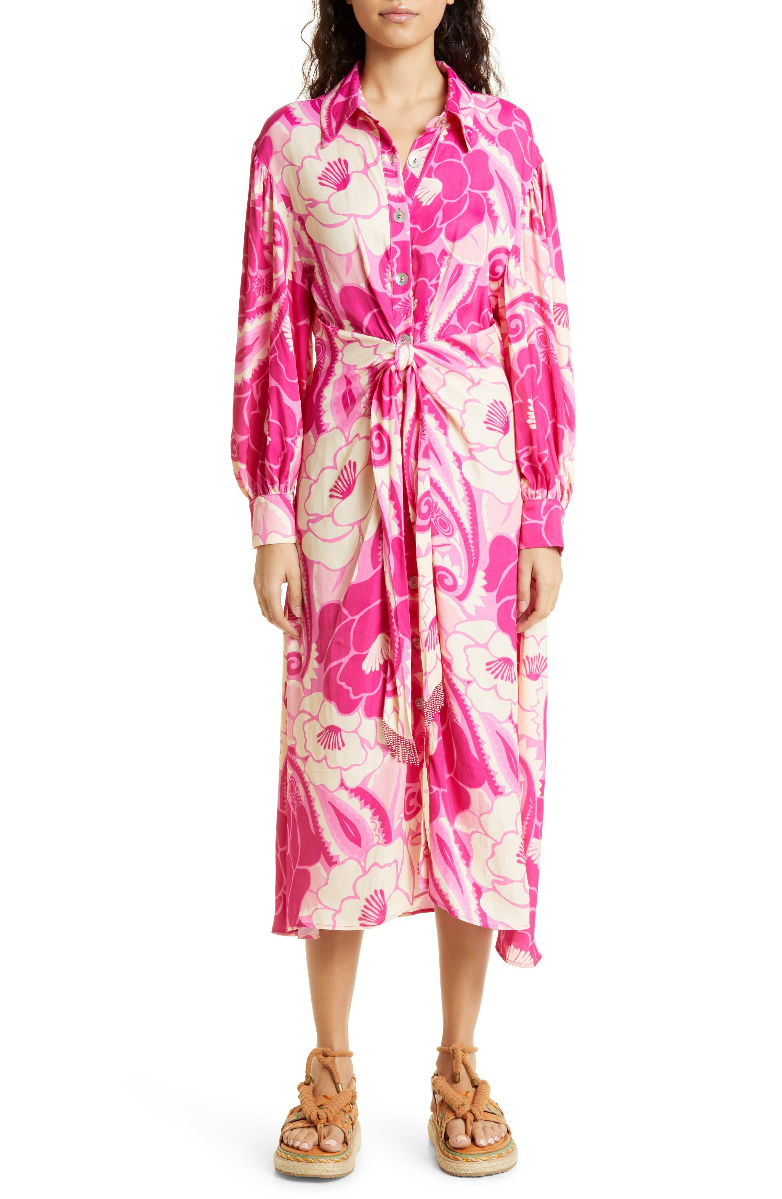 FARM Rio Tropical Groove Floral Long Sleeve Midi Shirtdress in Pink | Lyst