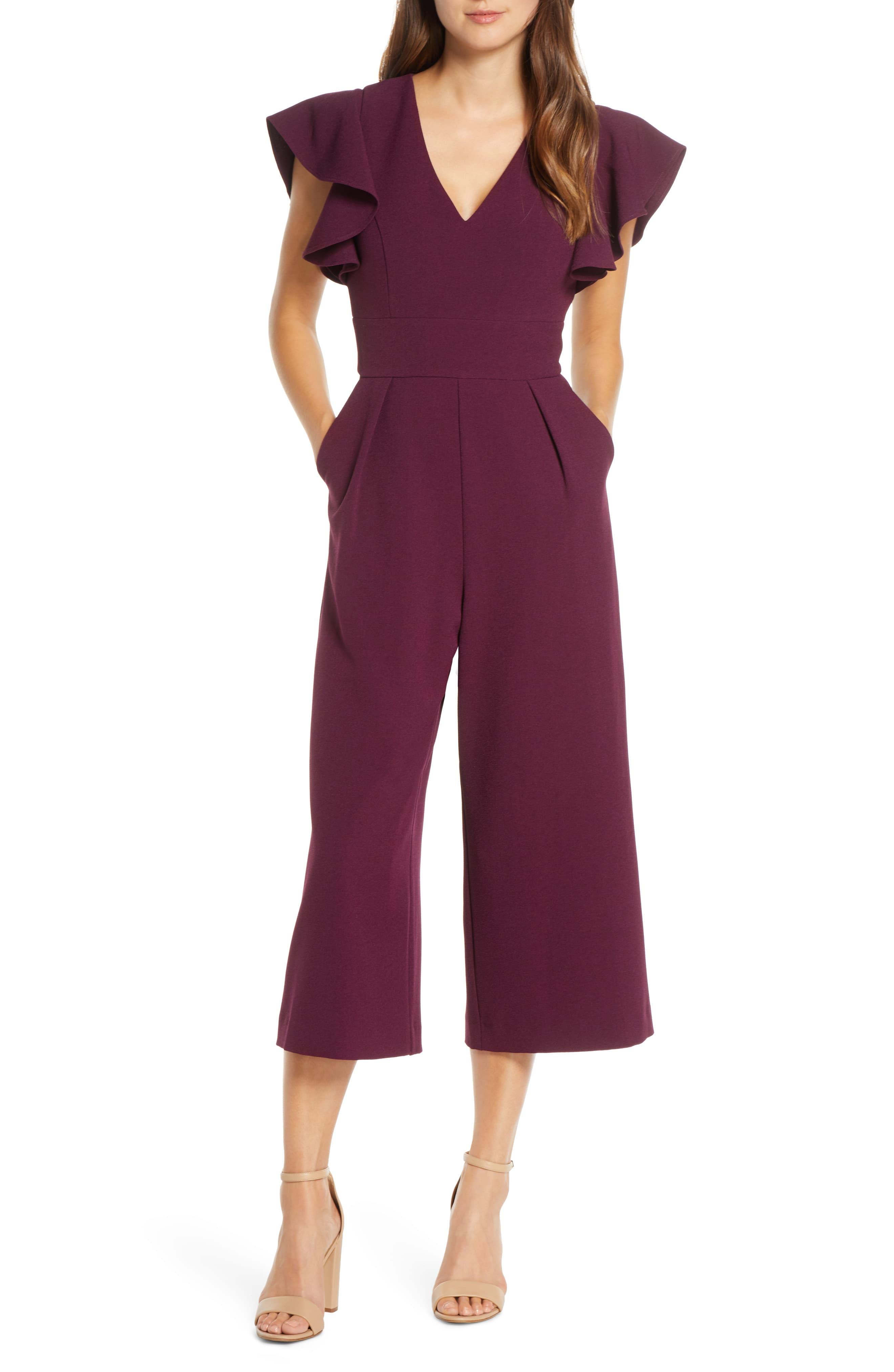 Eliza J Ruffle Sleeve Crepe Jumpsuit in Plum (Purple) - Lyst