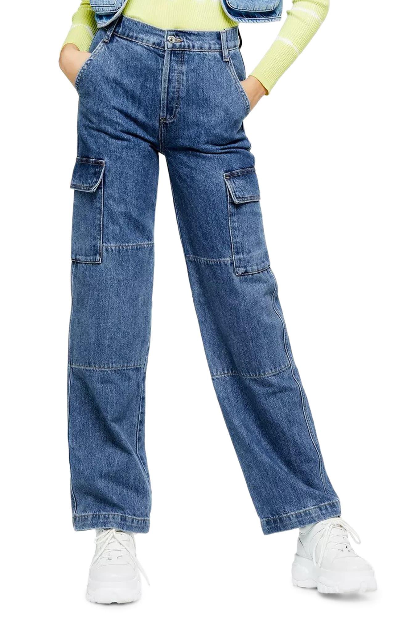 TOPSHOP Denim Combat Cargo Jeans in Mid Denim (Blue) - Lyst