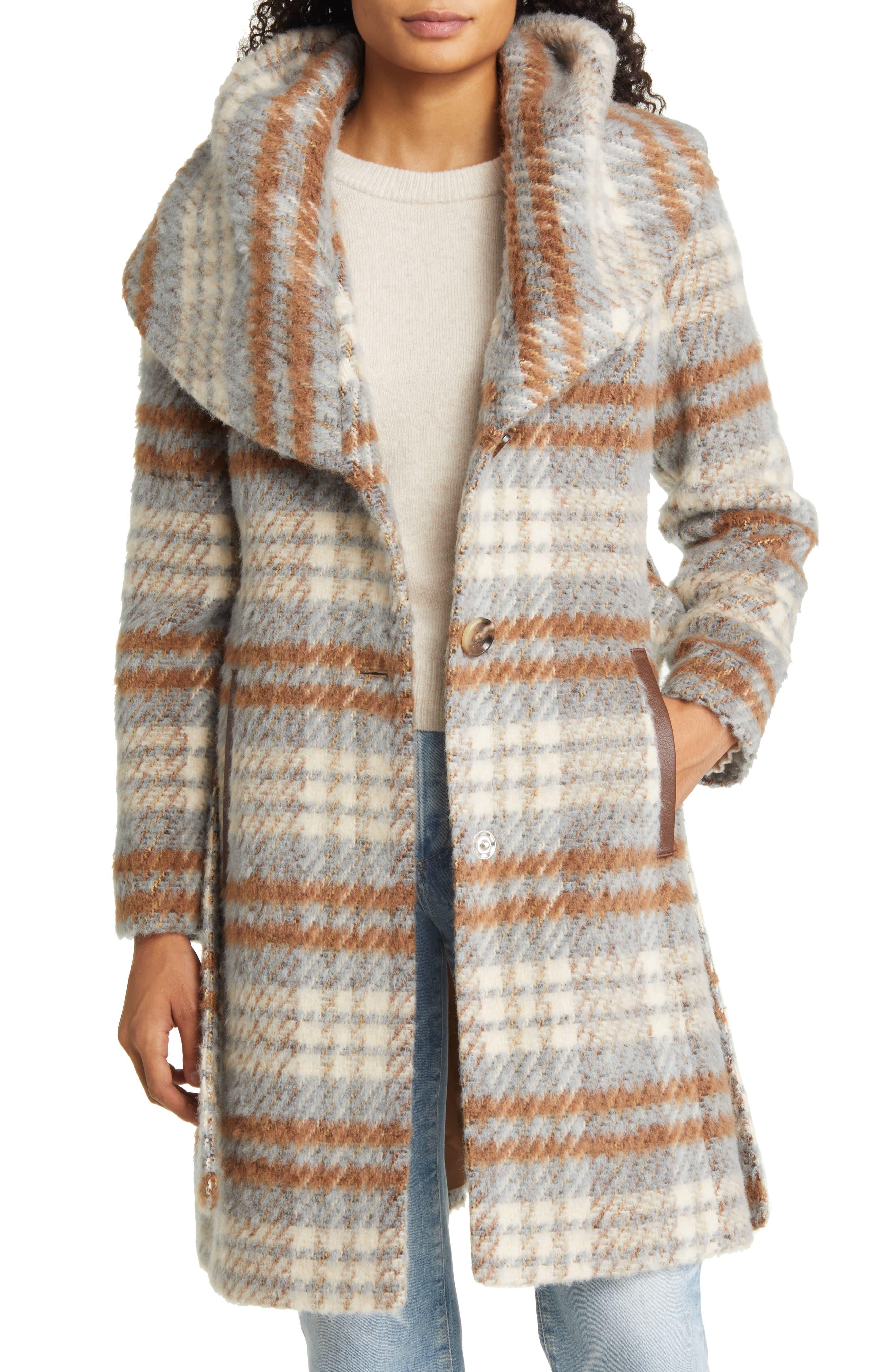 Sam Edelman Brushed Plaid Hooded Wrap Coat in Natural