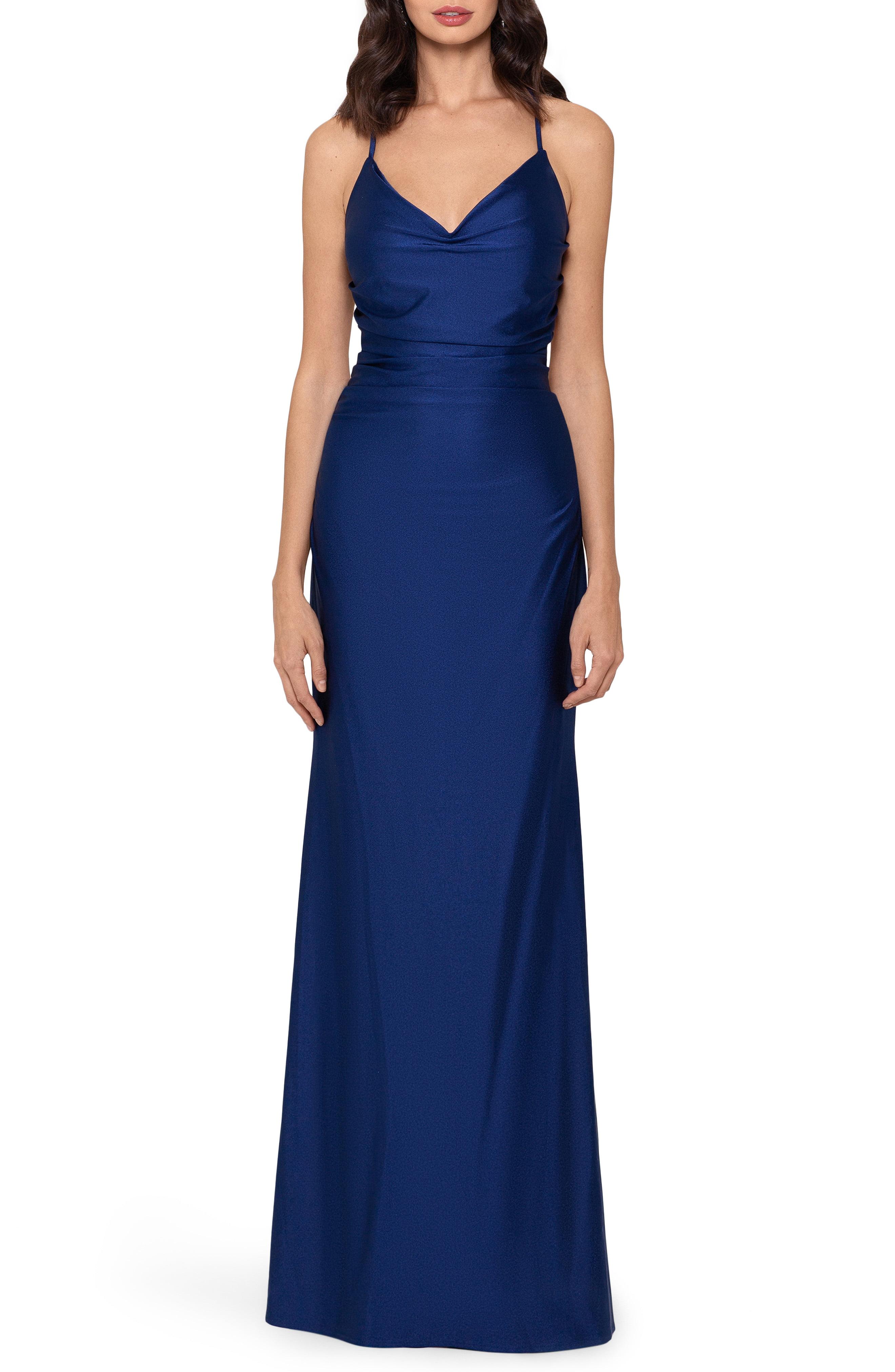 Xscape Synthetic Slinky Strappy-back Gown in Navy Blue (Blue) - Save 60 ...