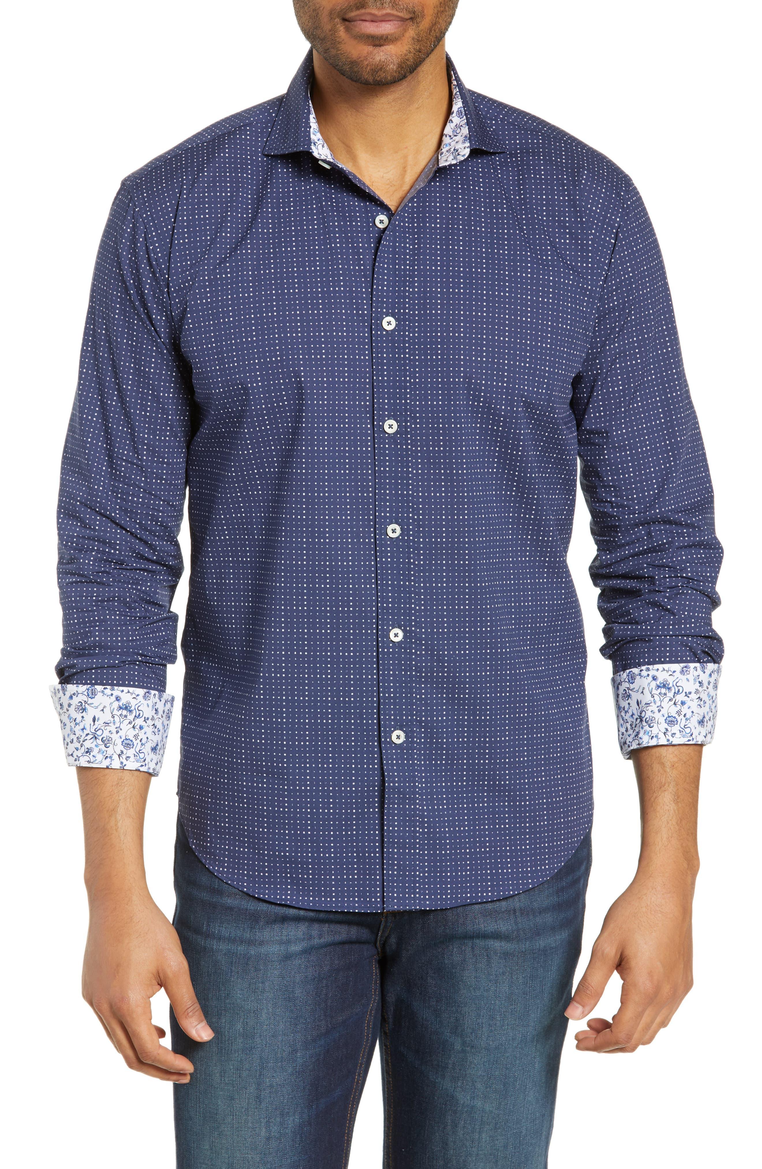 Bugatchi Shaped Fit Dot Cotton Sport Shirt in Blue for Men - Lyst