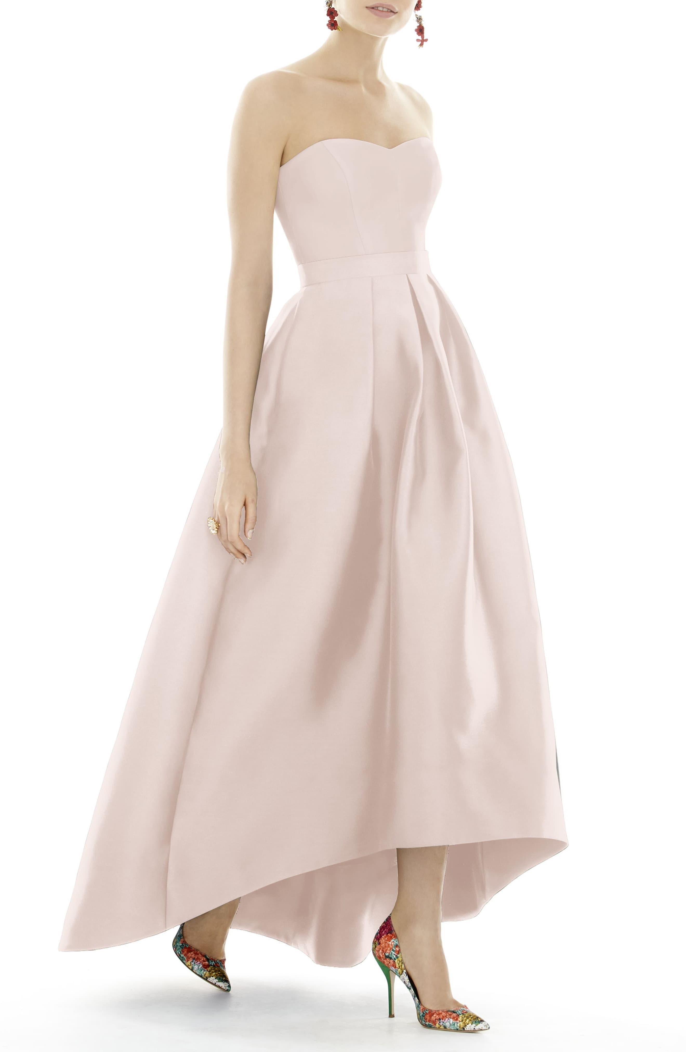 strapless satin high low dress