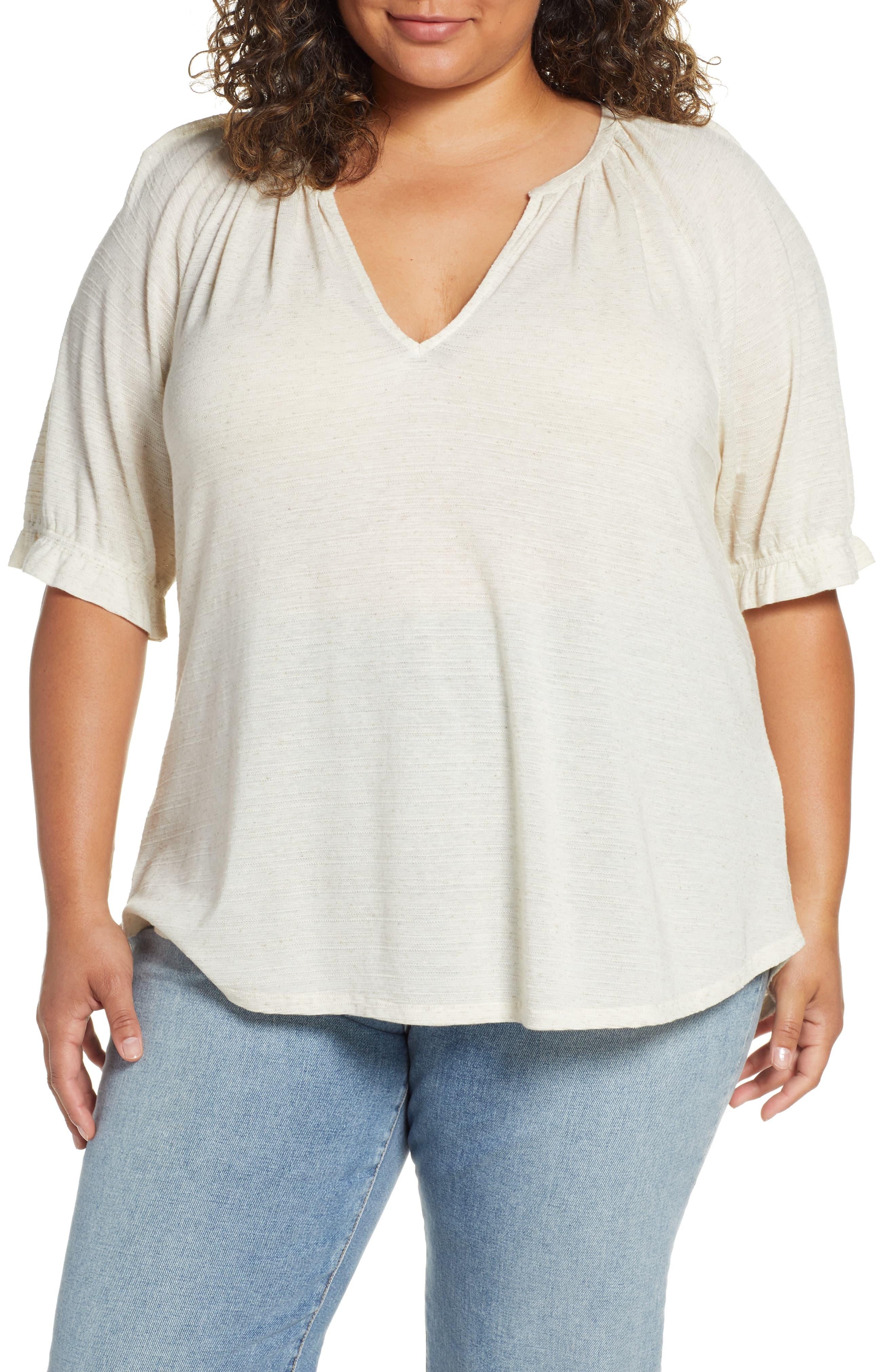 Lucky Brand Womens Plus Size Textured Short Sleeve Peasant Top