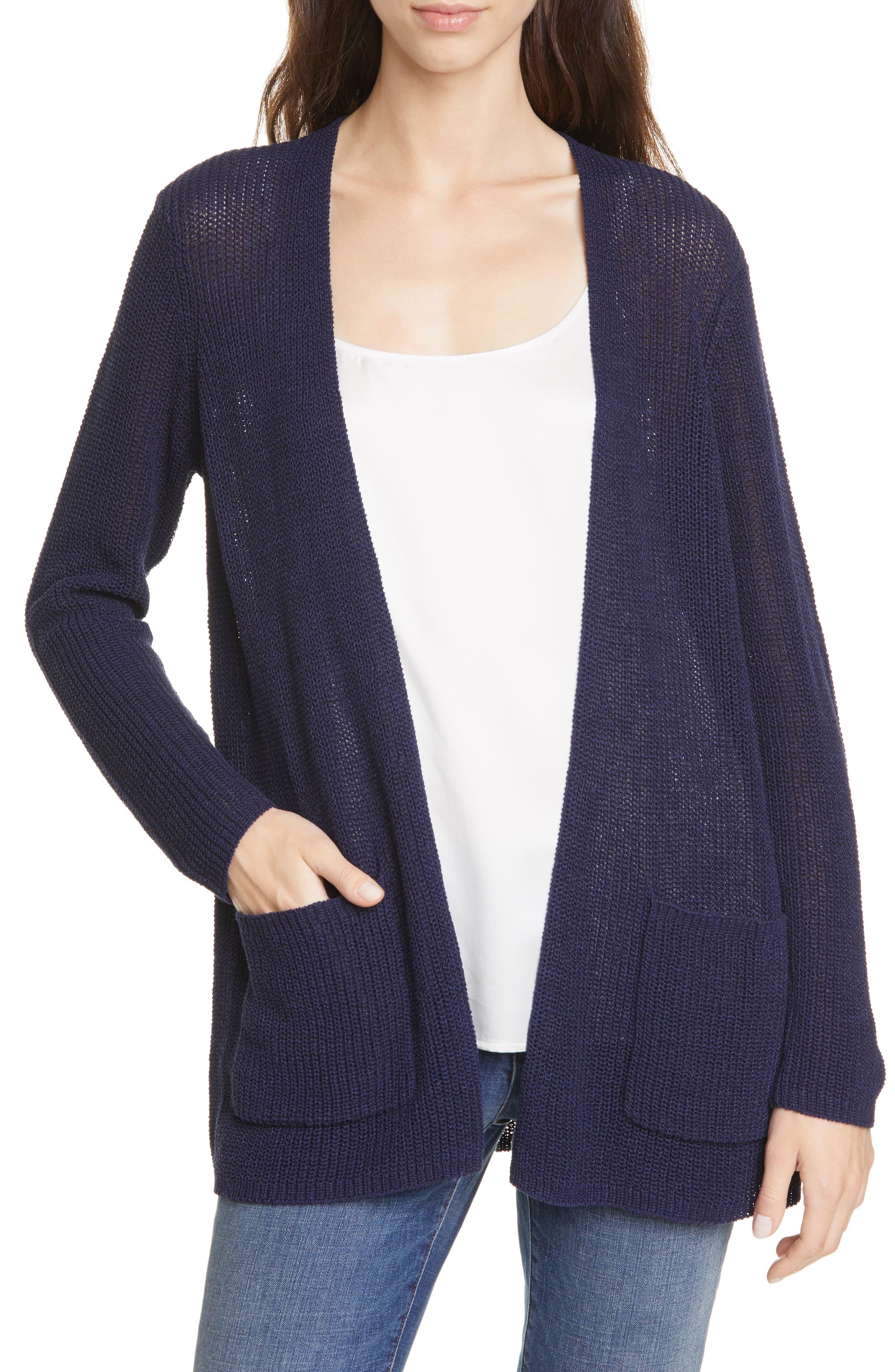 Eileen Fisher Organic Linen & Cotton Blend Cardigan in Midnight (Blue