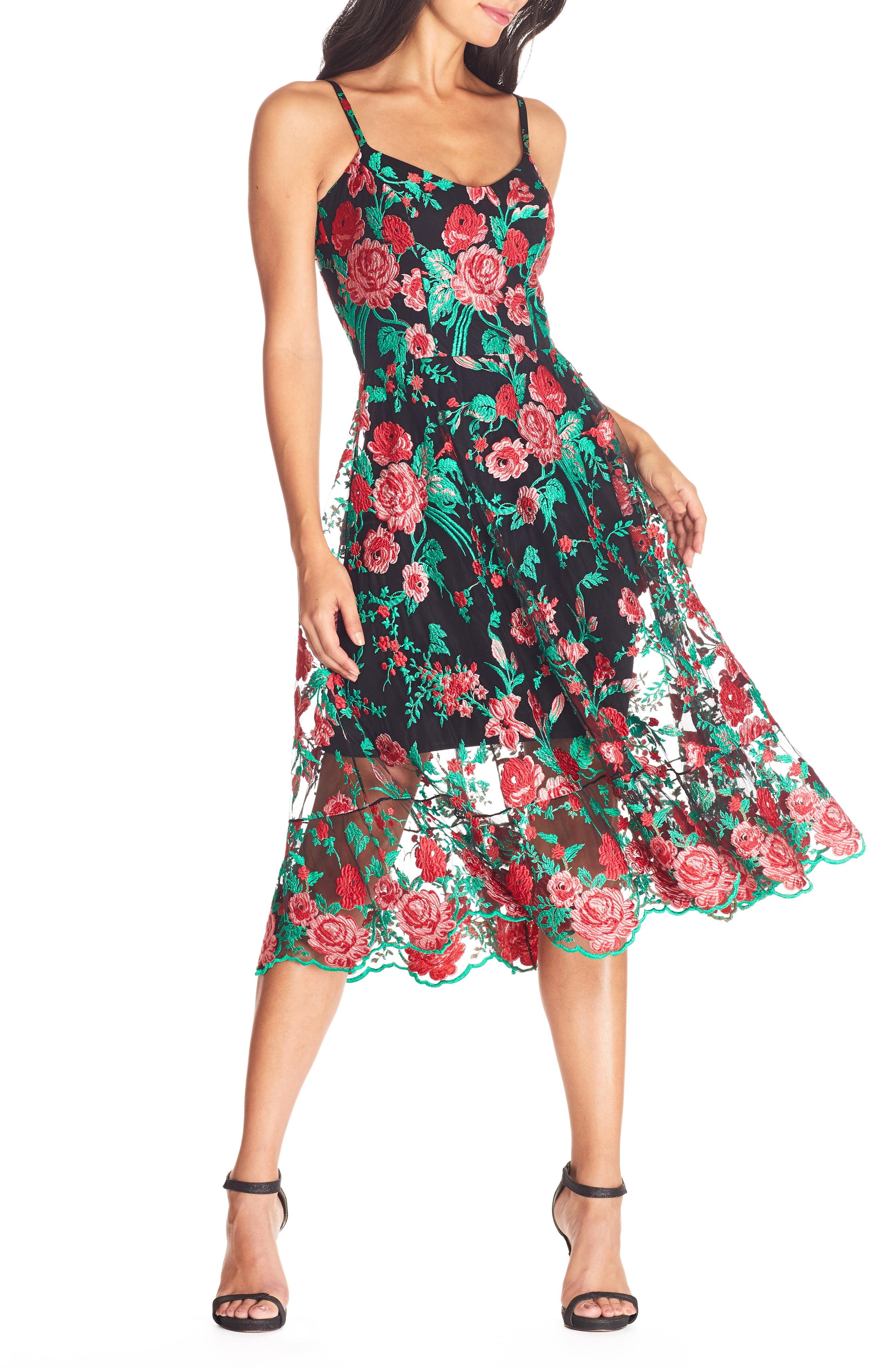 Dress the Population Elisa V-Neck Sleeveless A-Line 3D Floral Embroidered Midi Dress | Dillard's