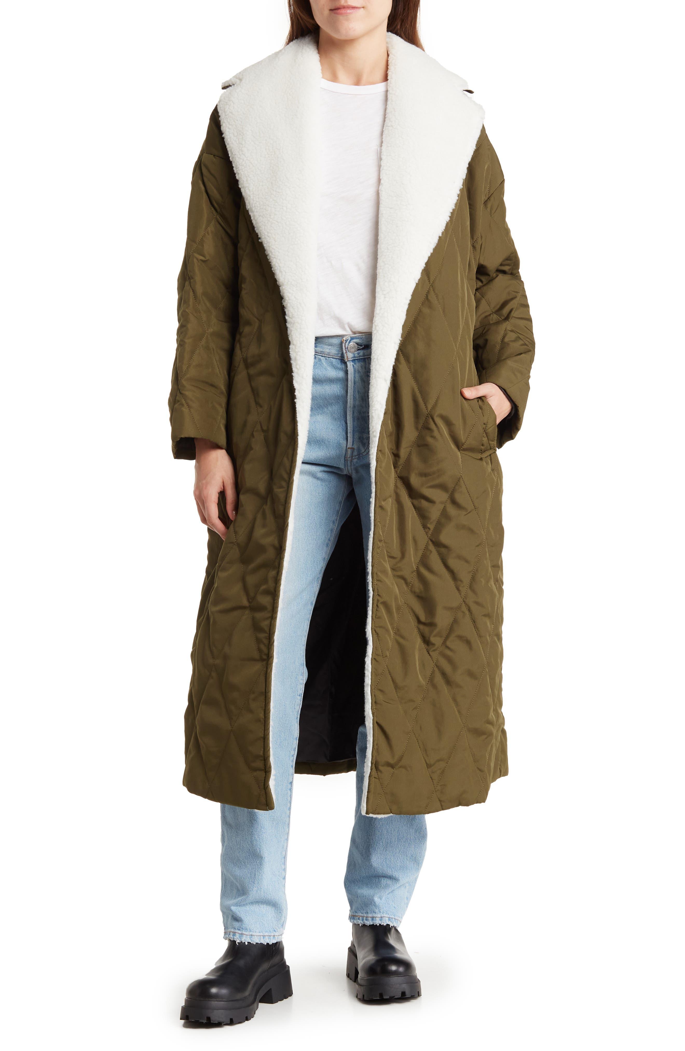TOPSHOP Quilted Faux Fur Lined Trench Coat in Green | Lyst