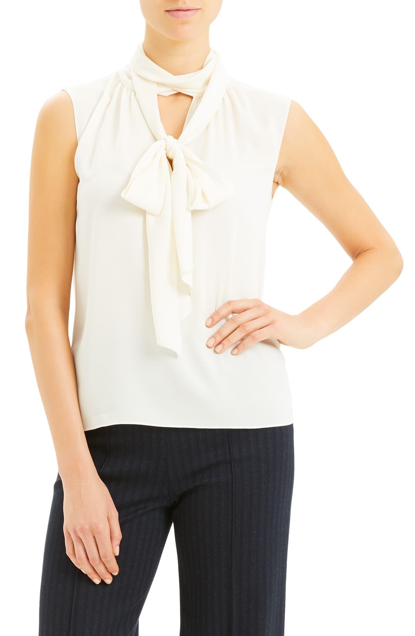 Theory Scarf Tie Sleeveless Stretch Silk Blouse in Ivory (White) Lyst