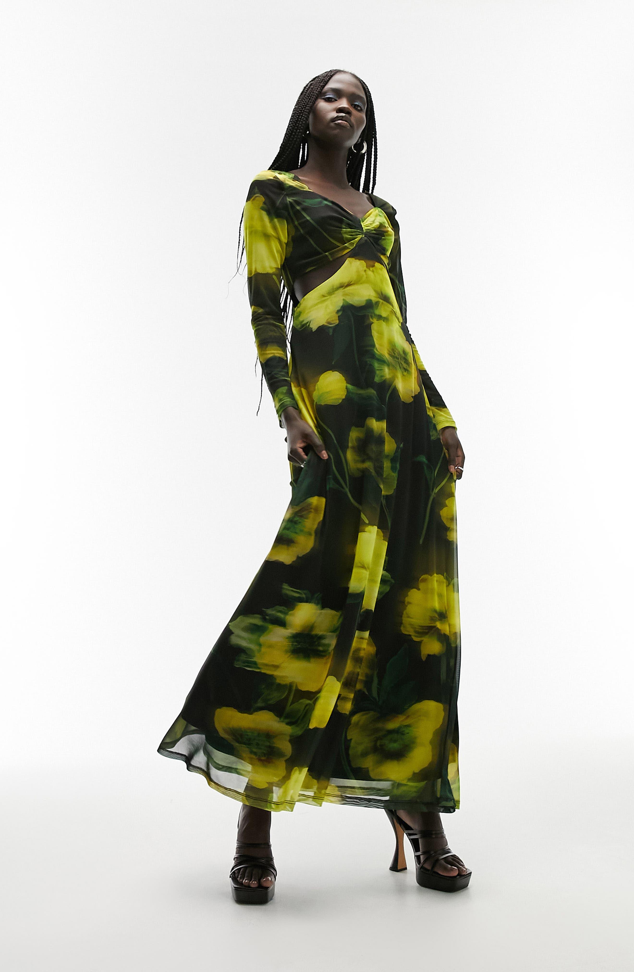 TOPSHOP Cutout Long Sleeve Mesh Dress in Green | Lyst