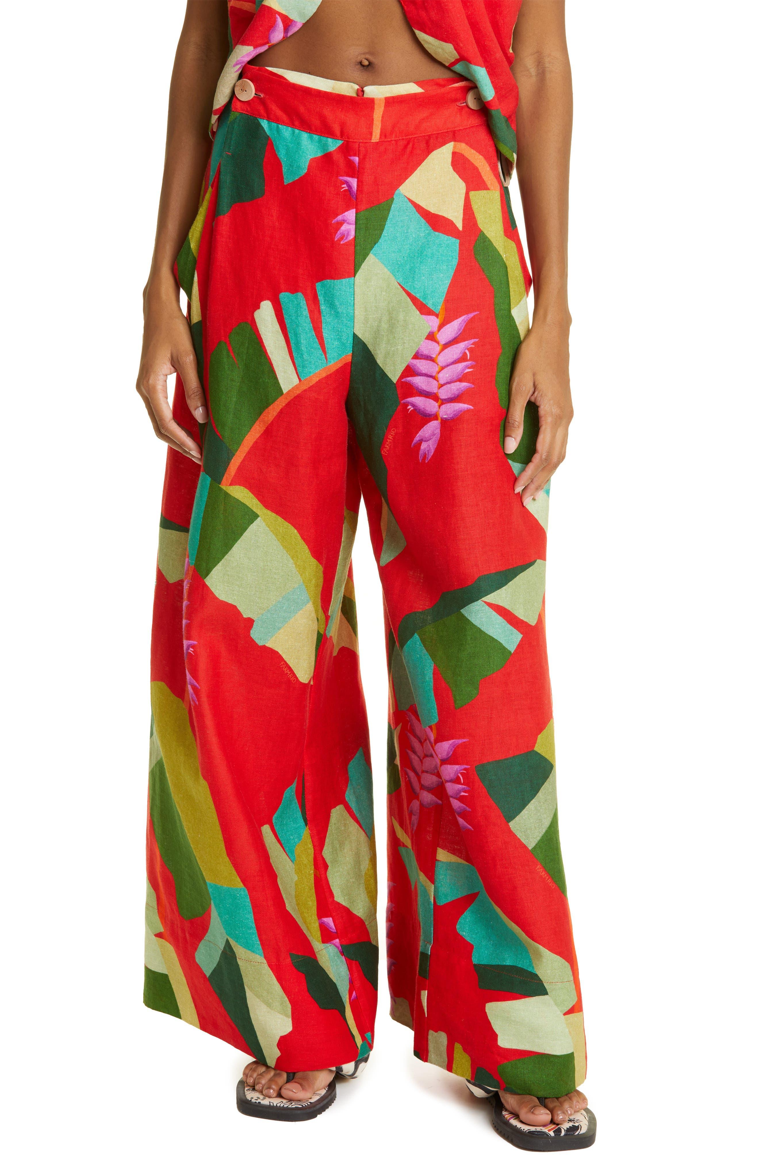FARM Rio Heliconia Floral Print Wide Leg Linen Pants in Red | Lyst