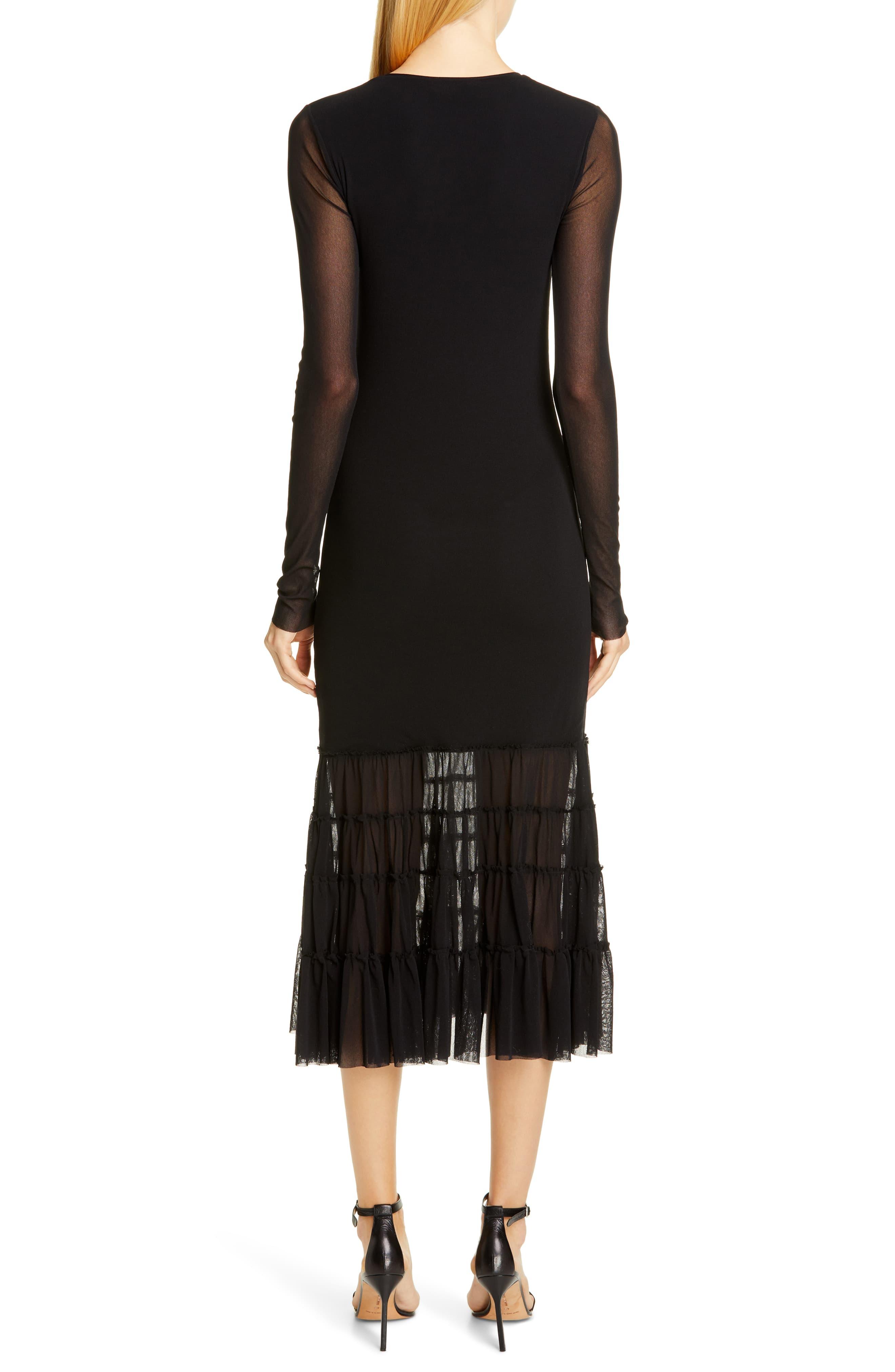 Fuzzi Tulle Interlocking Long Sleeve Tiered Midi Dress in Nero (Black ...