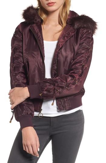 Kensie Lace-up Sleeve Quilted Bomber Jacket in Merlot ...