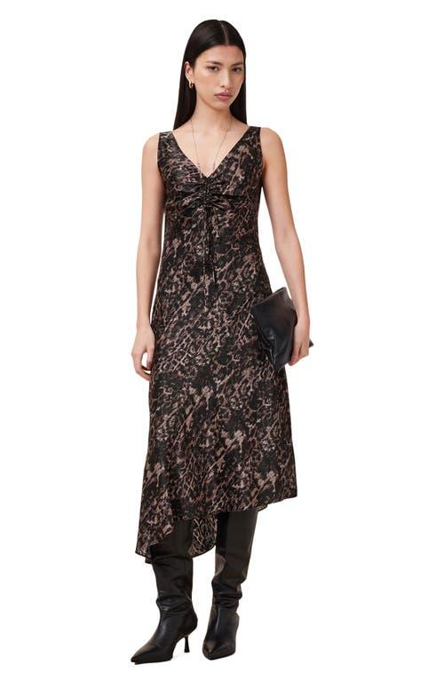 navy blue dress for baby girl AllSaints Alexia ruched satin asymmetric midi dress in bronze main image 1