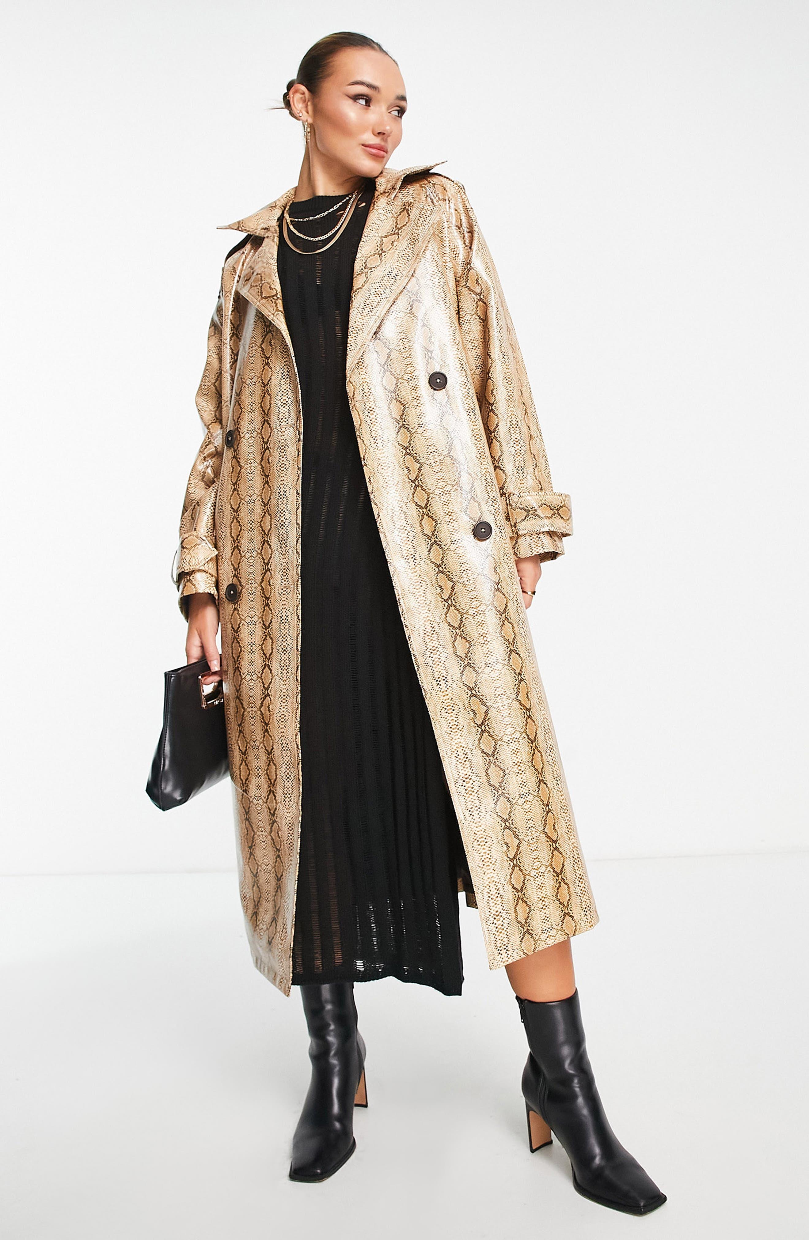 ASOS Snakeskin Print Trench Coat in Natural | Lyst