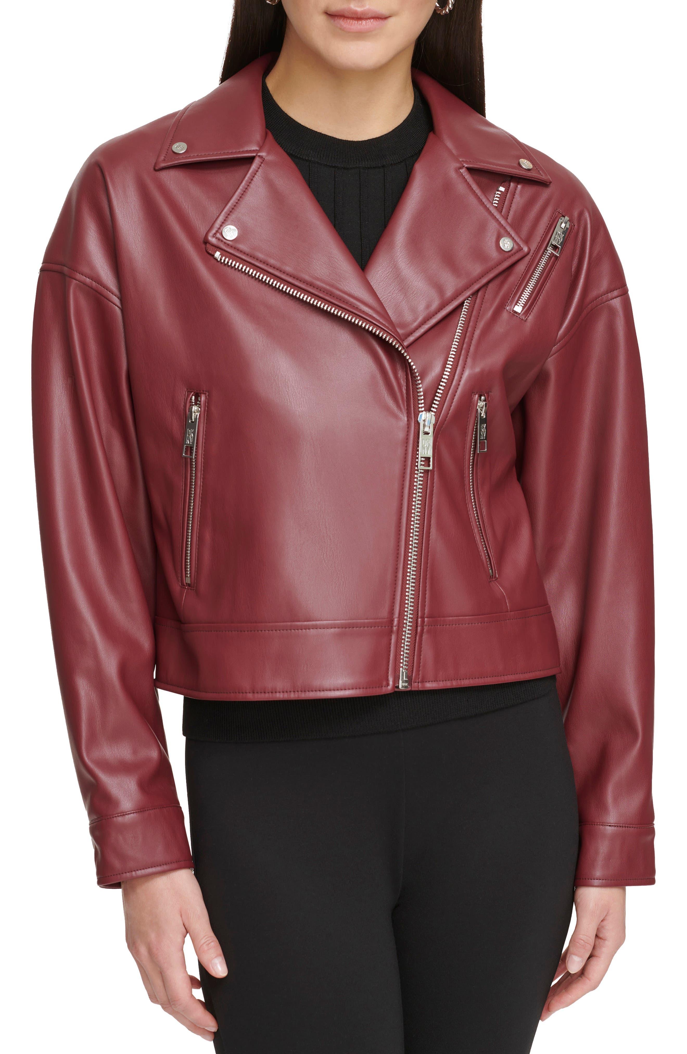 DKNY Faux Leather Moto Jacket in Red | Lyst