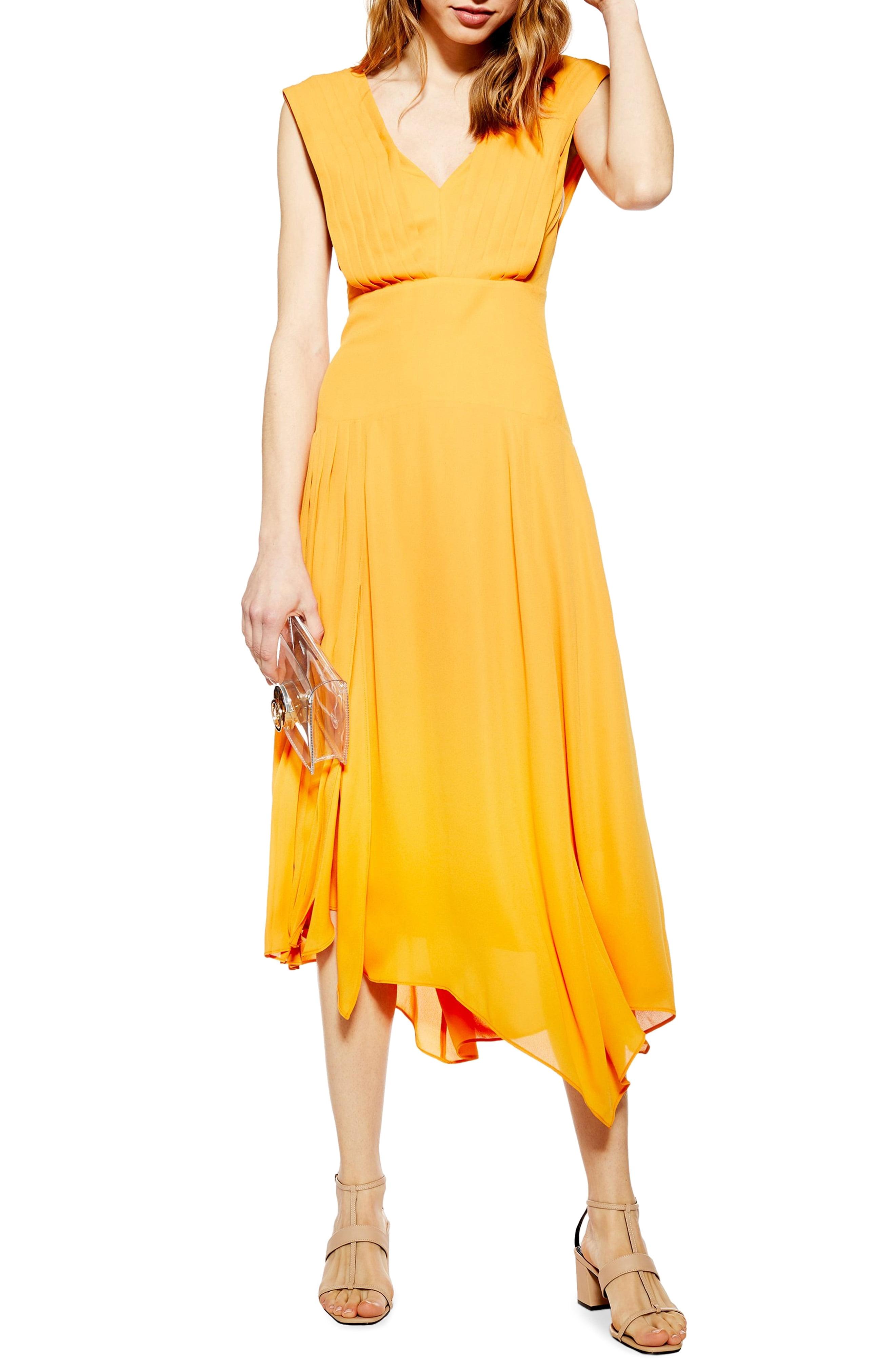 yellow pleated midi dress