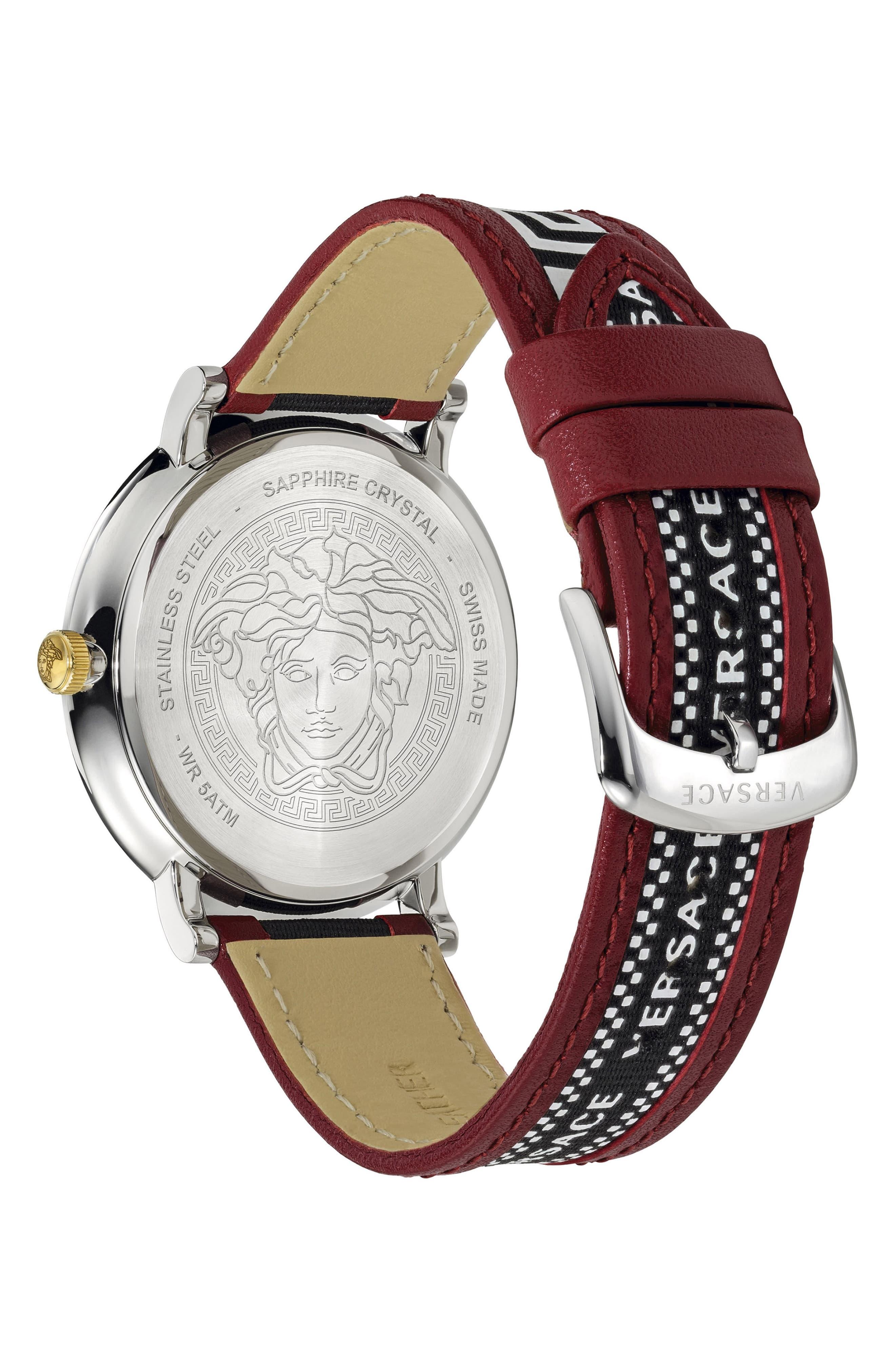 Versace V Circle Greca Leather Strap Watch in Red/ Silver (Metallic) - Lyst