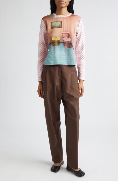 Ashley Williams Bathroom Print Long Sleeve Cotton T-Shirt in White