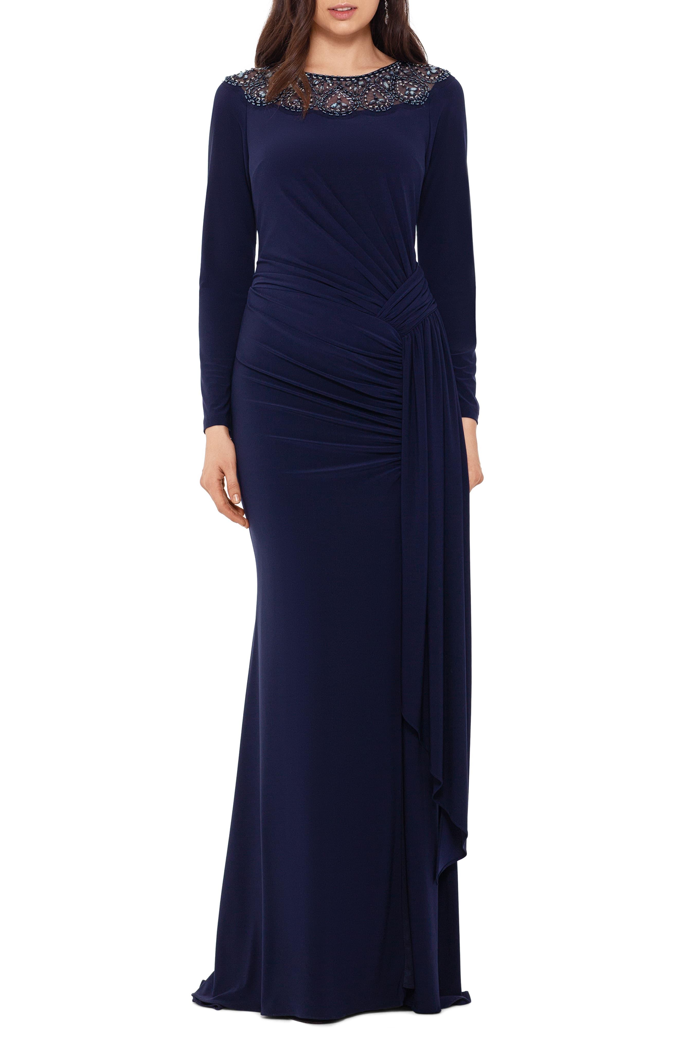 Xscape Beaded Neck Long Sleeve Ruched Jersey Gown in Navy (Blue) - Lyst