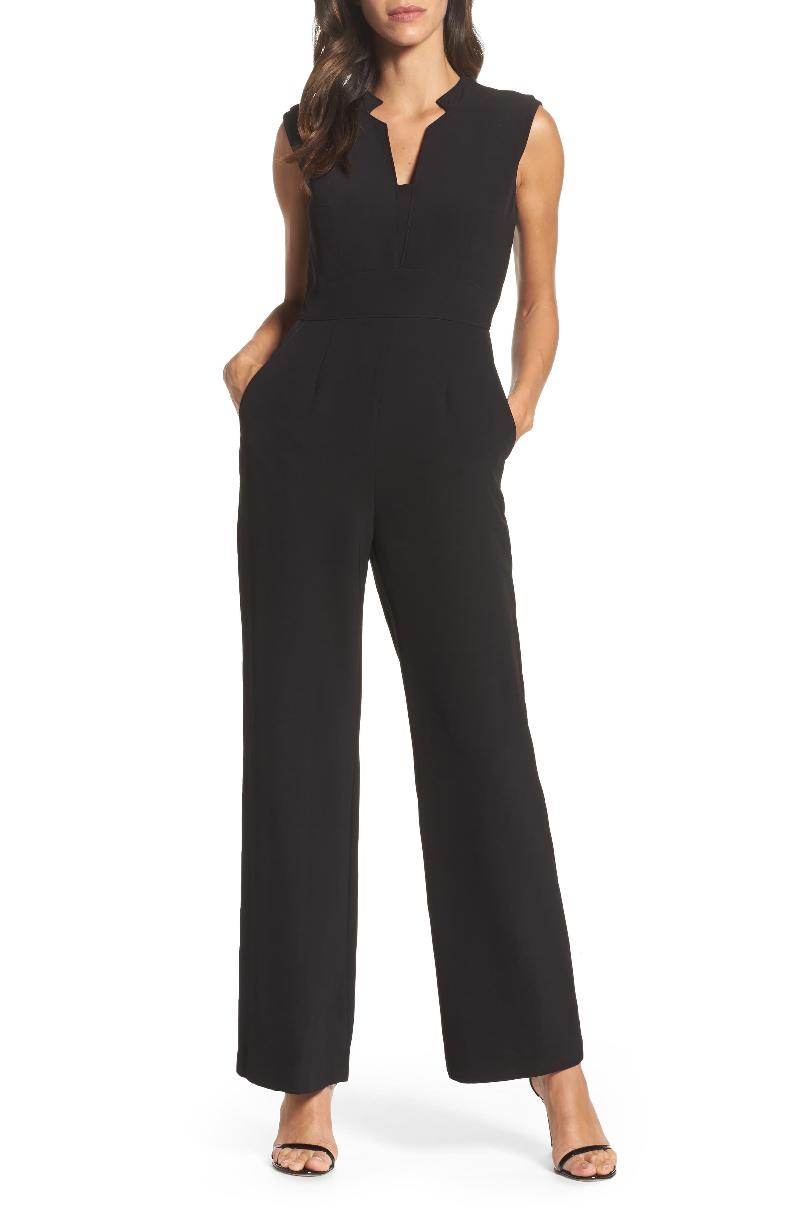 tahari by asl raised collar sleeveless solid crepe jumpsuit