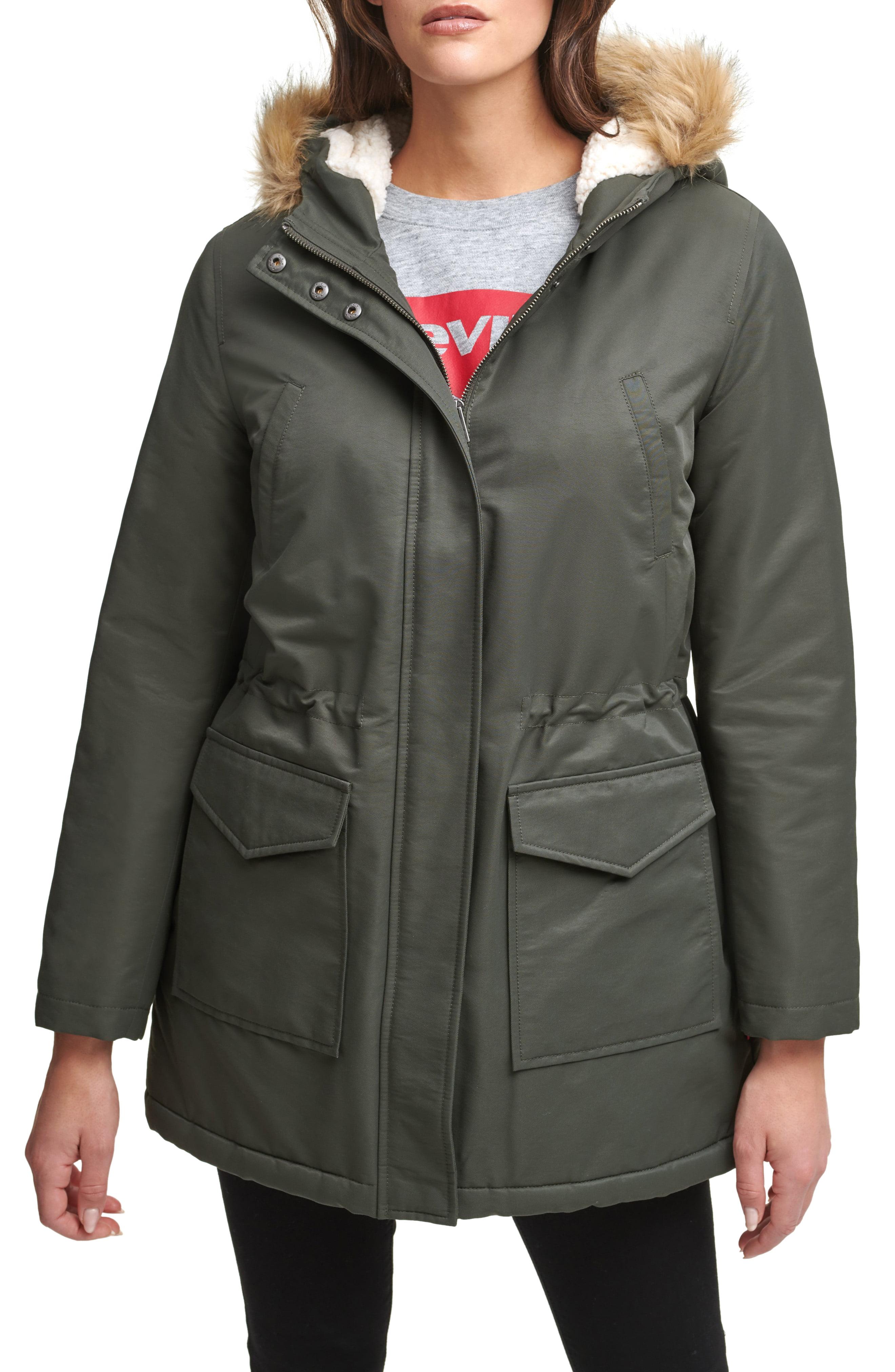 Levi's Water Repellent Parka With Faux Shearling Lining & Faux Fur Trim Hood  in Gray | Lyst
