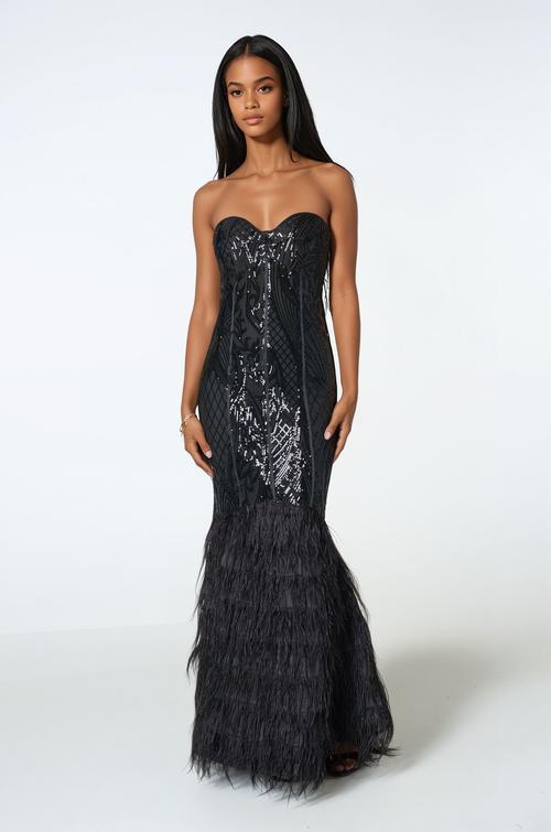 bebe black strapless dress Cascade Midi in Perfect for weddings or galas Bebe Women's Strapless Cascade Midi