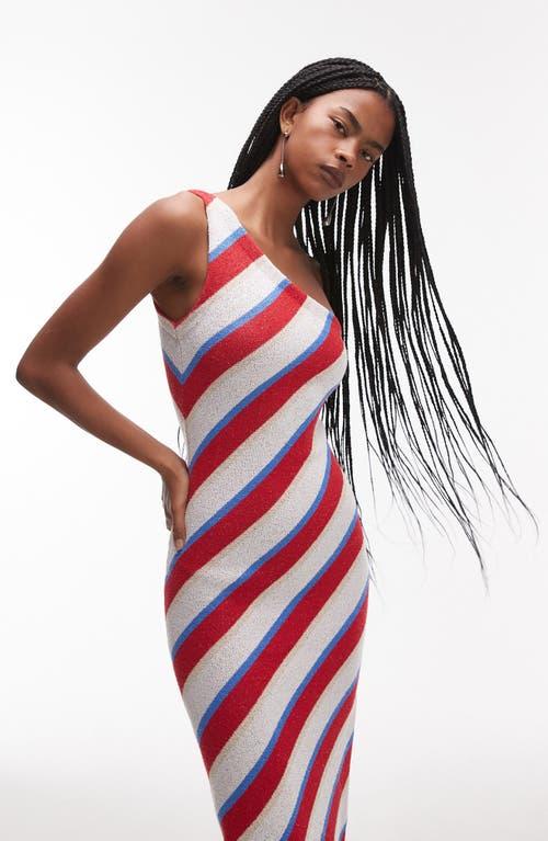 topshop knit maxi dress with scoop back in multi stripe TOPSHOP Stripe Knit One-Shoulder Maxi Dress in Red