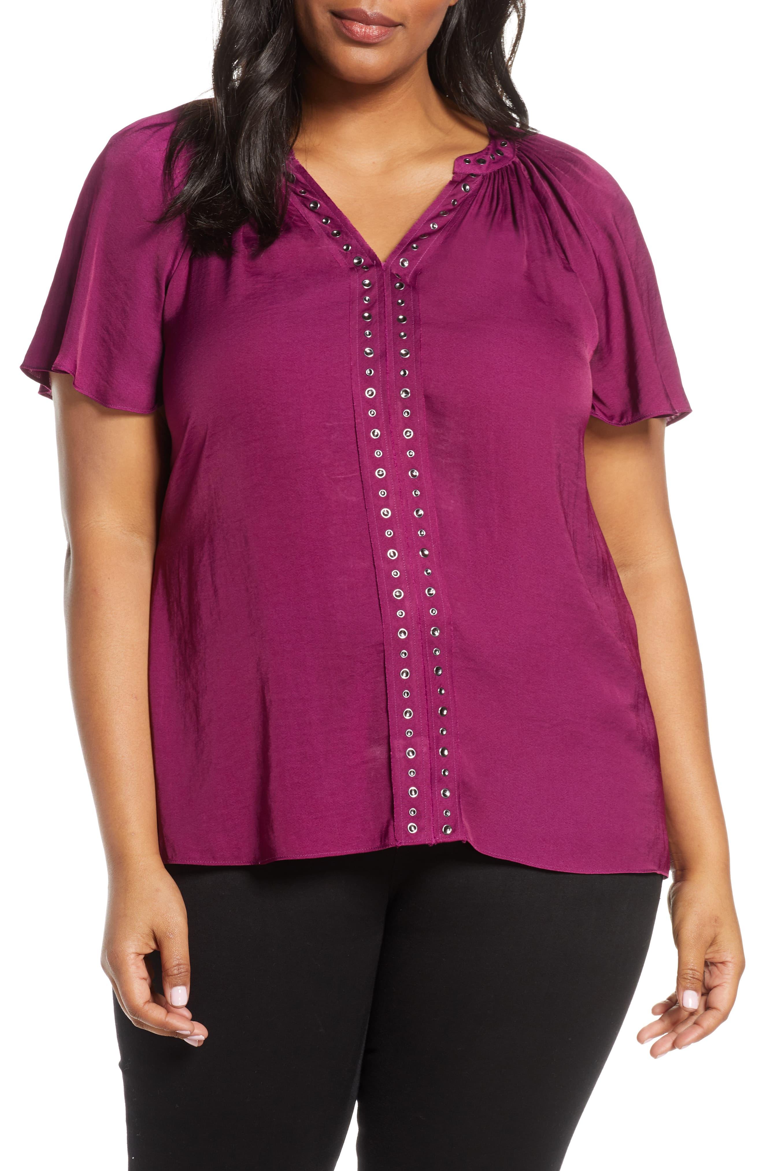 Vince Camuto Stud Trim Hammered Satin Blouse in Purple - Lyst