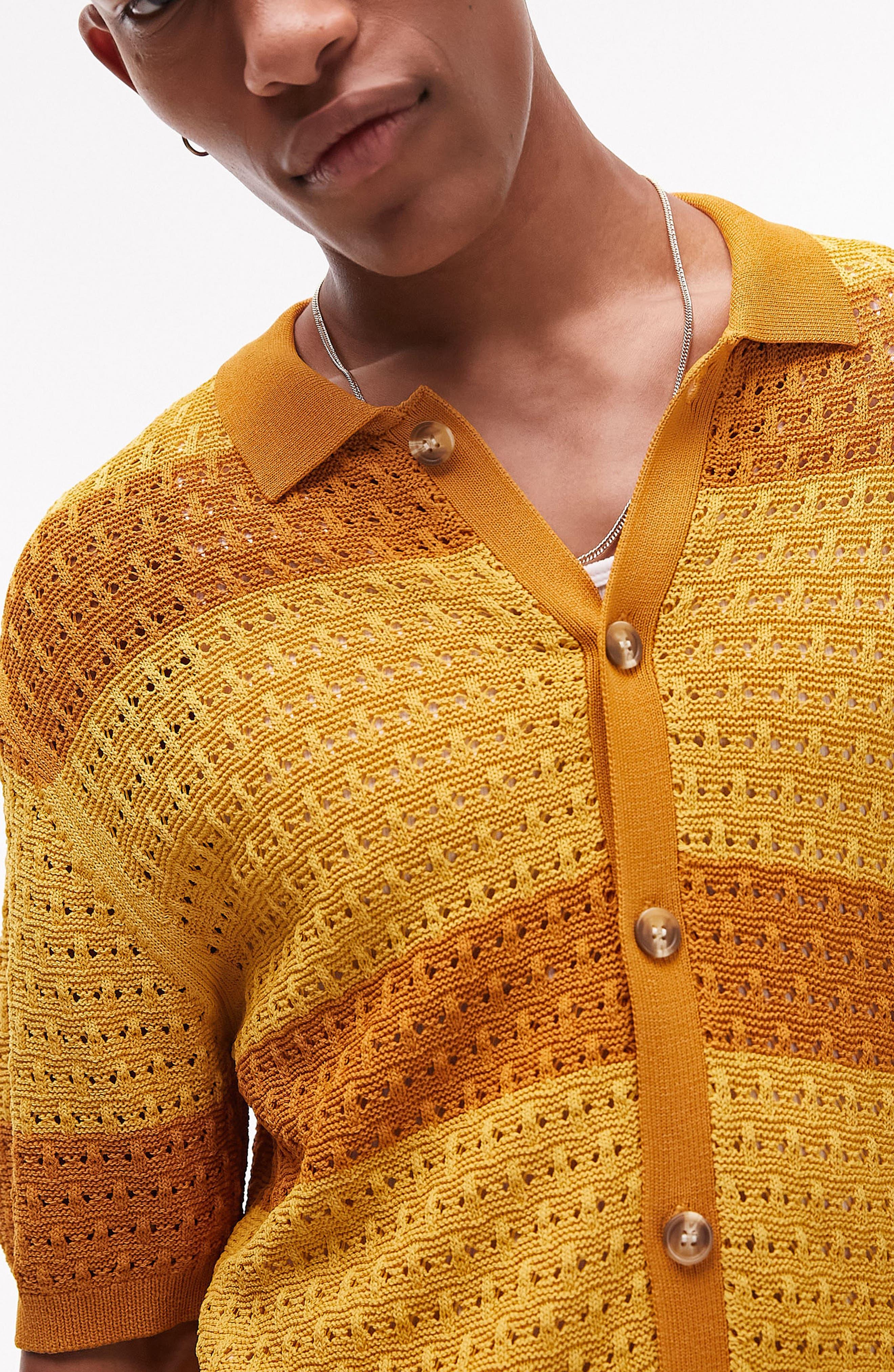 TOPMAN Crochet Stitch Short Sleeve Button-up Shirt in Orange for