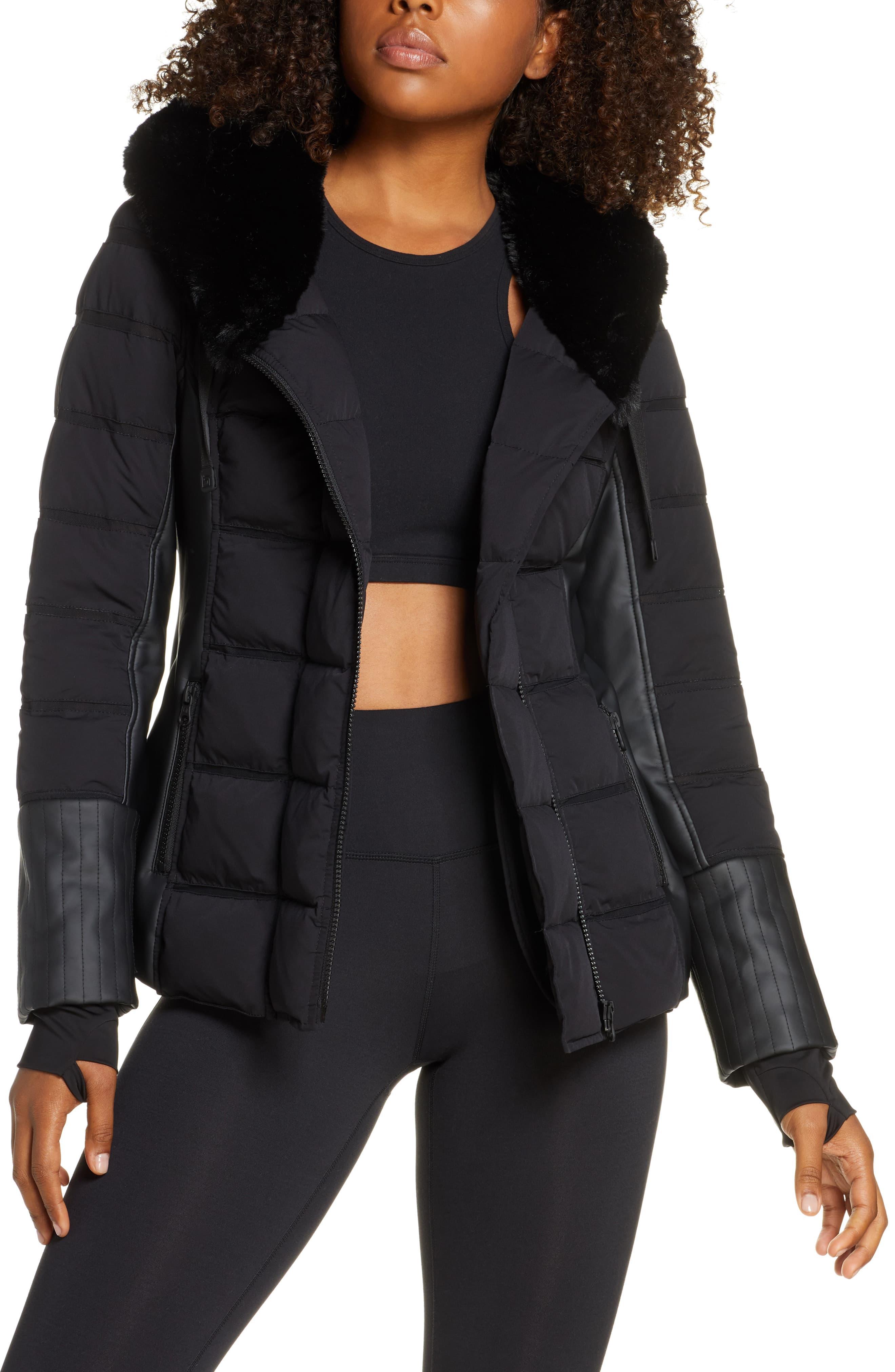 BLANC NOIR Hooded Moto Puffer Jacket With Faux Fur Trim in