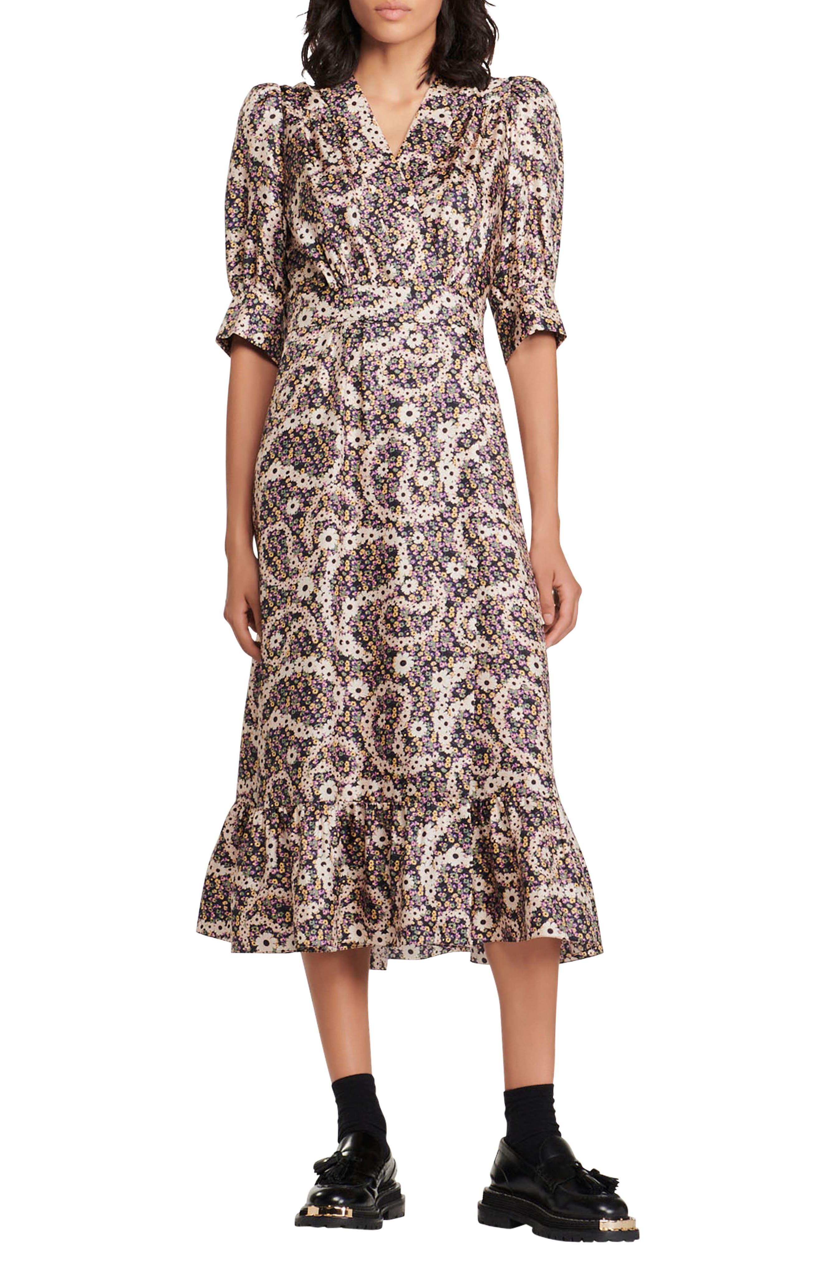 Sandro Enrika Floral Surplice Neck Silk Dress in Natural | Lyst