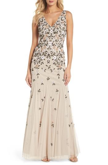 adrianna papell floral beaded gown
